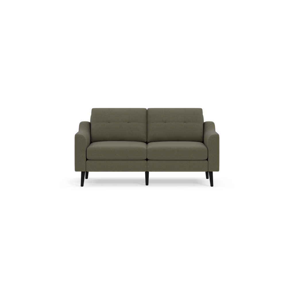 Modern Moss green two-seater sofa with tufted back cushions and black tapered legs, shown on a black background.