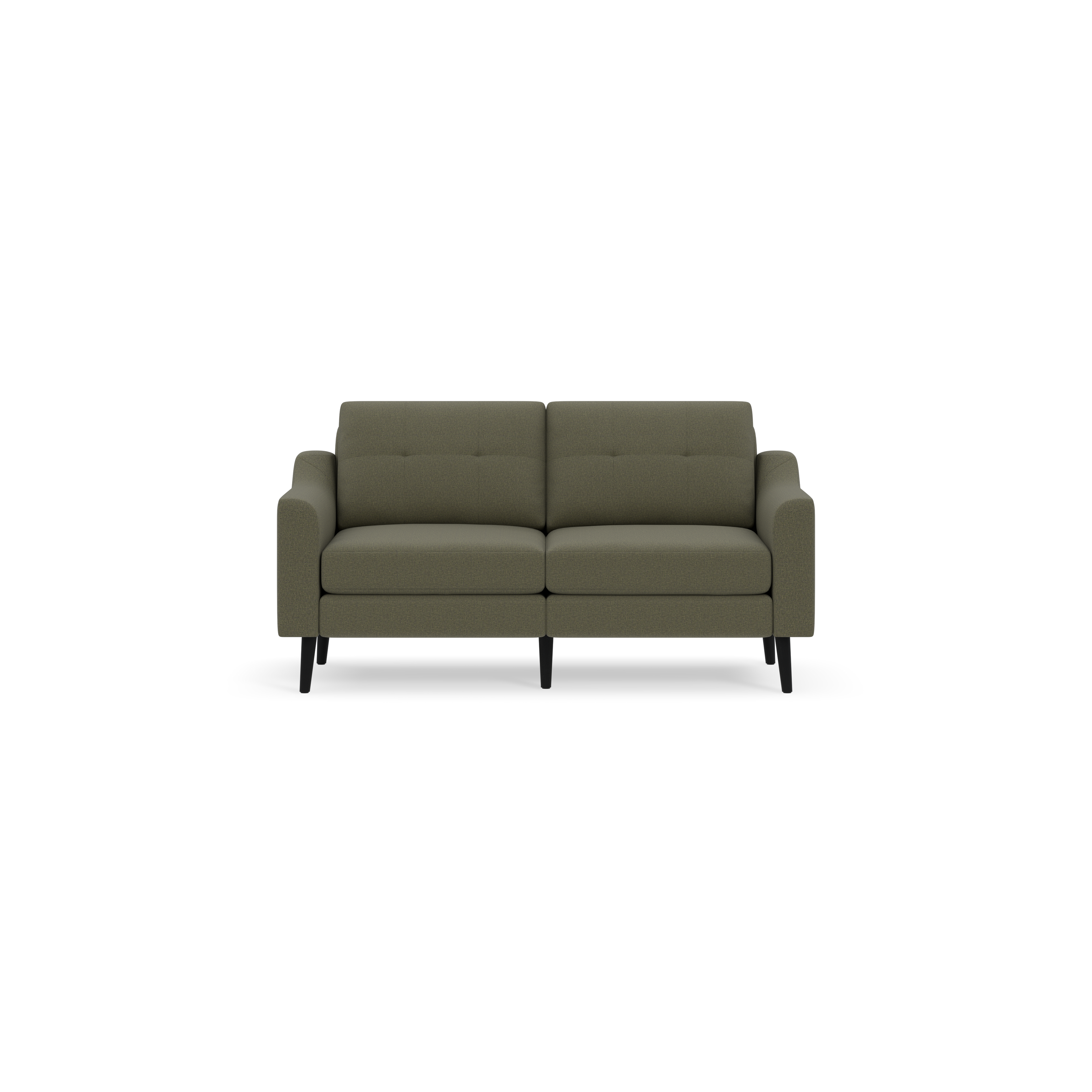Modern Moss green two-seater sofa with tufted back cushions and black tapered legs, shown on a black background.