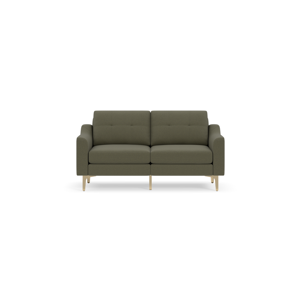 Modern Moss green two-seater sofa with tufted back cushions and wooden legs, shown on a black background.