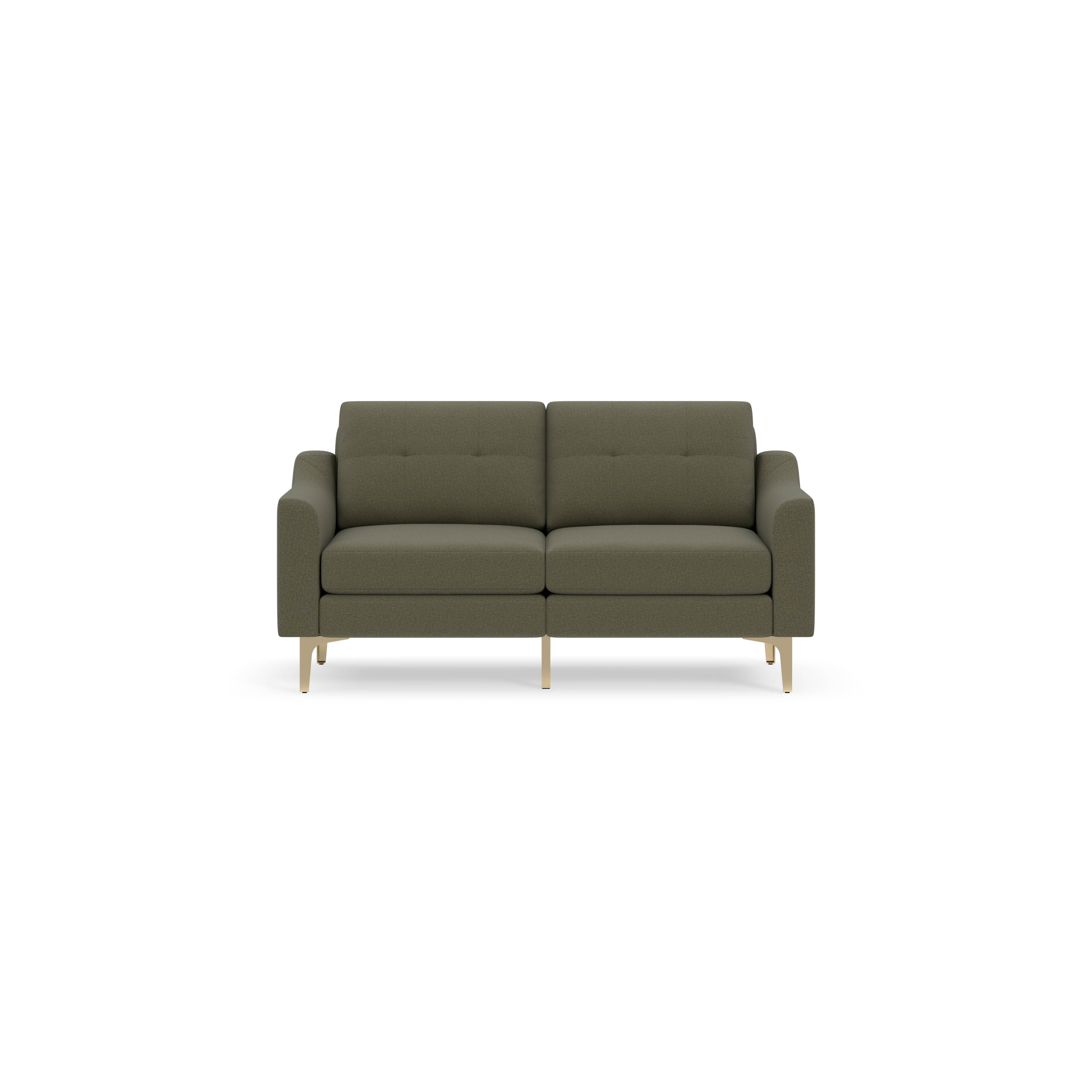Modern Moss green two-seater sofa with tufted back cushions and wooden legs, shown on a black background.
