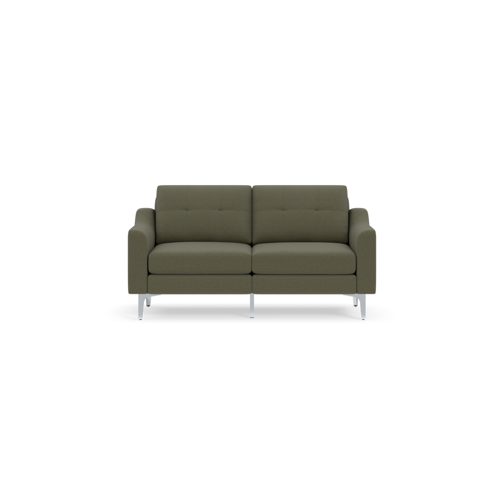Modern Moss green two-seater sofa with square armrests and metal legs, shown against a black background.