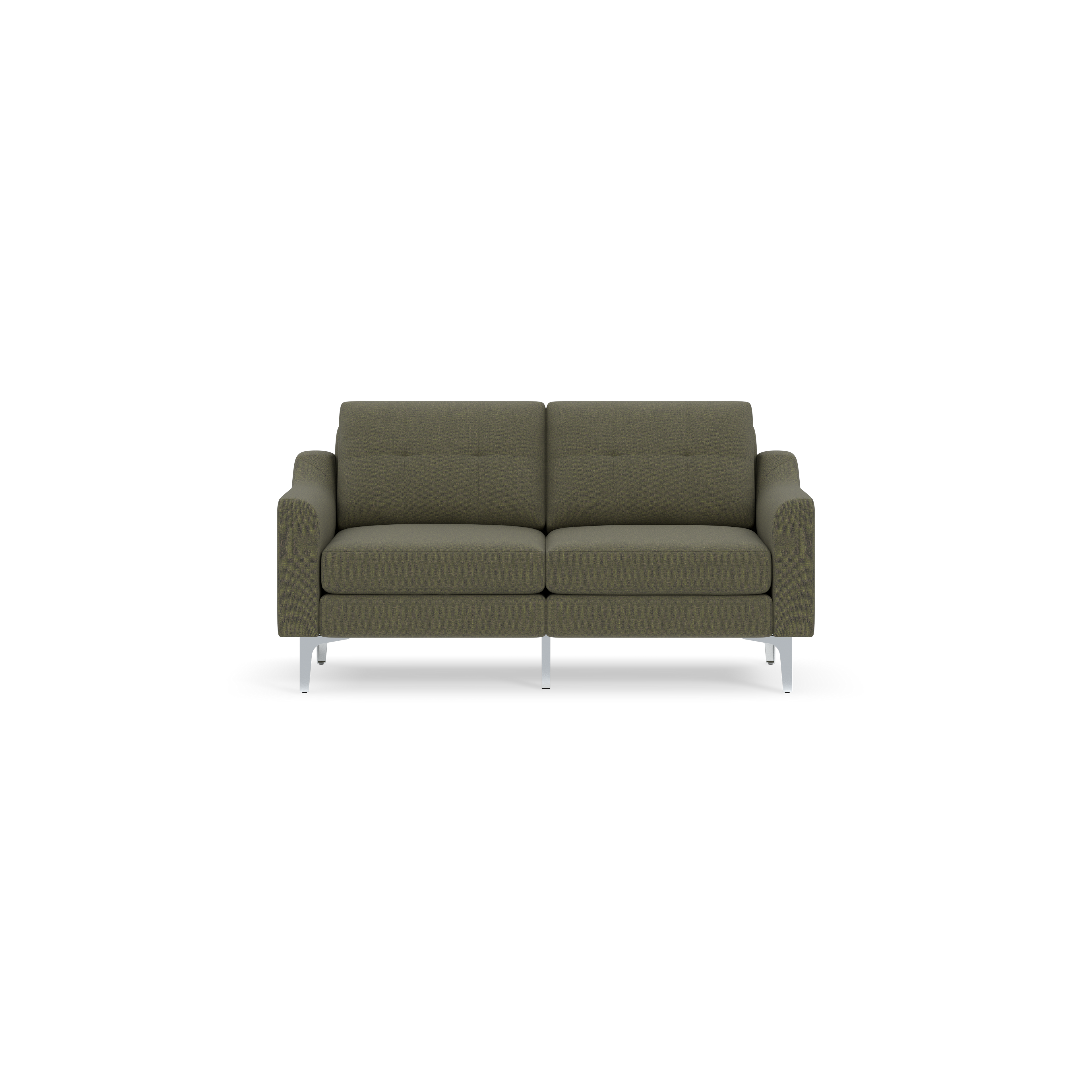 Modern Moss green two-seater sofa with square armrests and metal legs, shown against a black background.