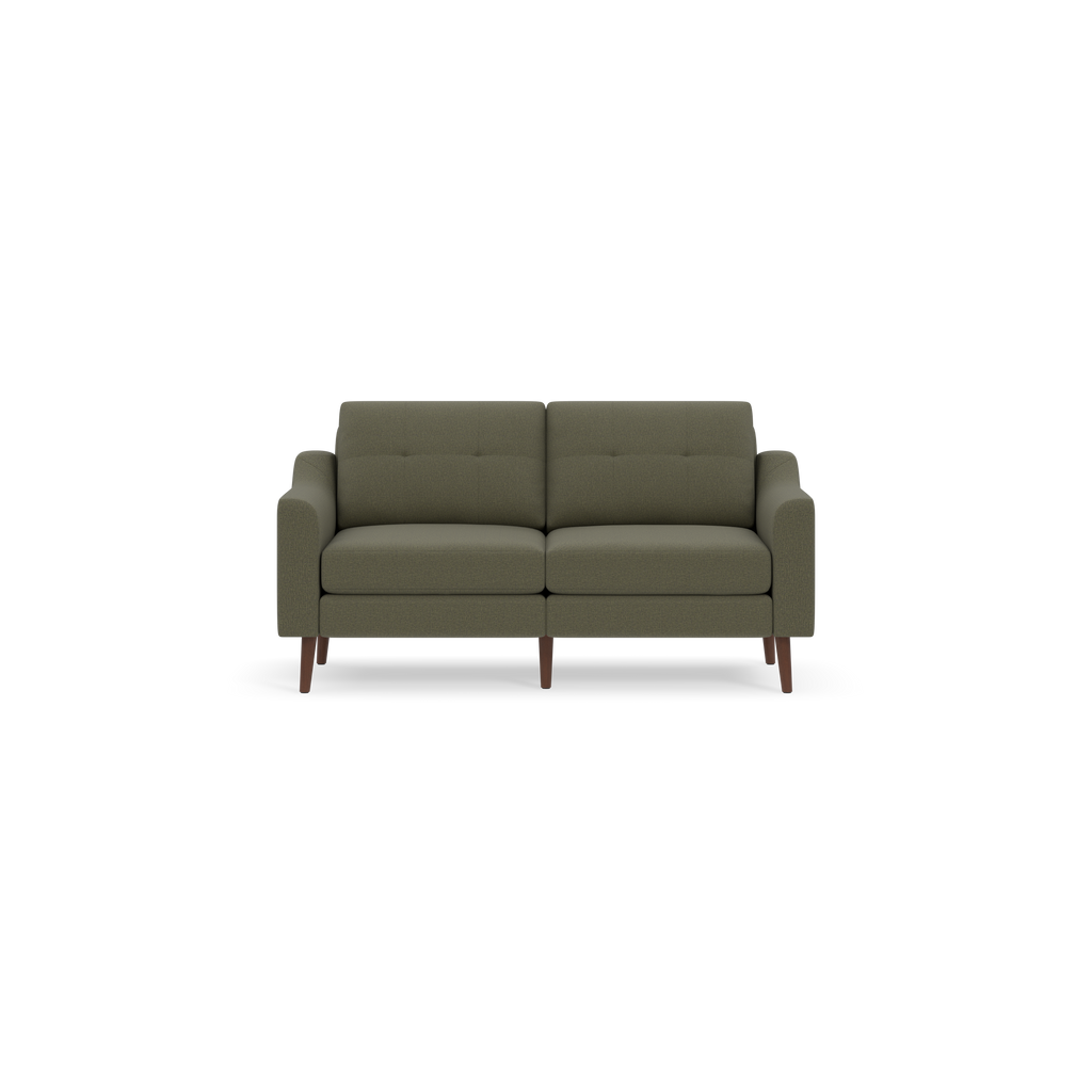 Mid-century modern two-seater sofa in Moss green fabric with tufted back cushions and wooden tapered legs on black background.