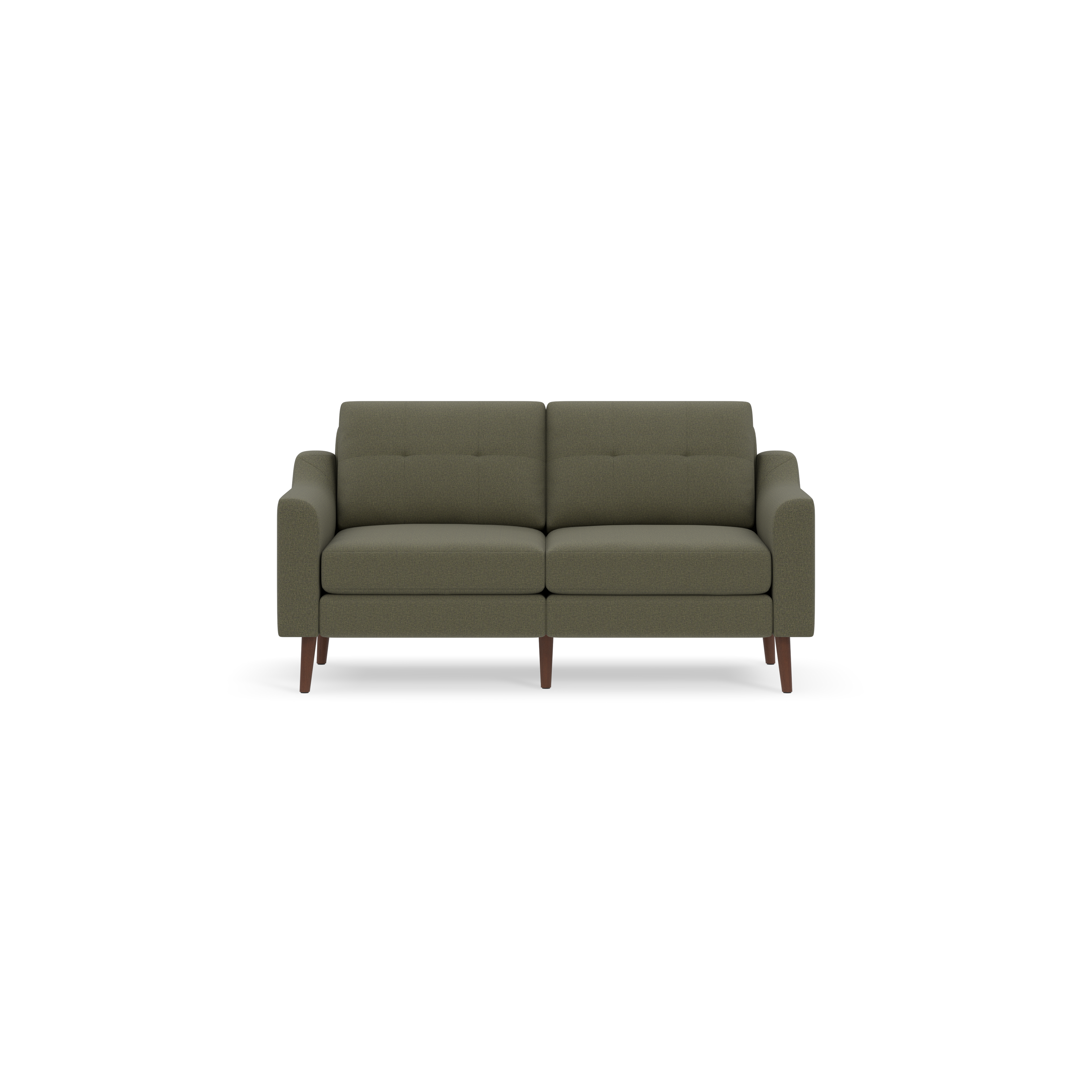 Mid-century modern two-seater sofa in Moss green fabric with tufted back cushions and wooden tapered legs on black background.