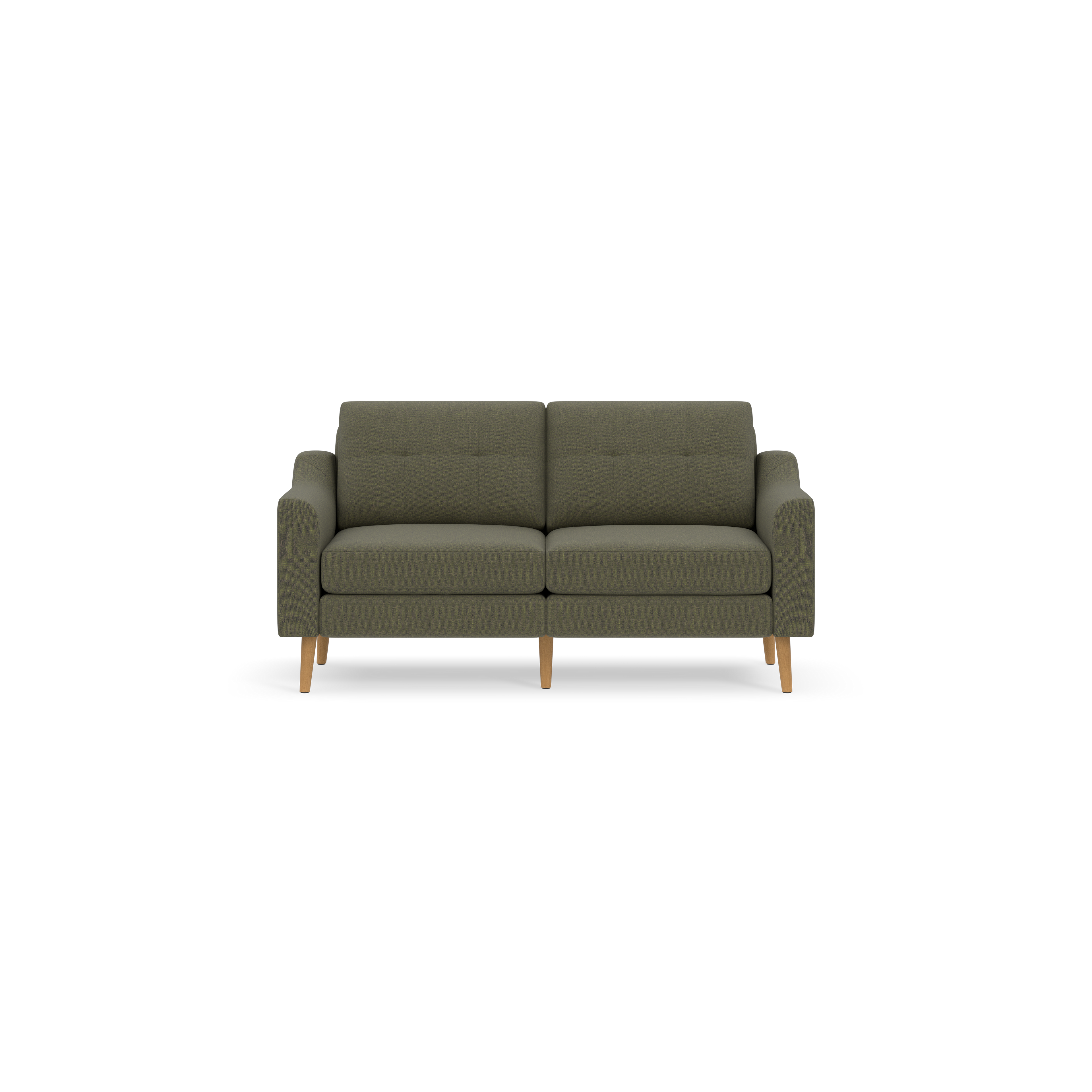 Modern Moss green two-seater sofa with wooden legs and slightly tufted back cushions against a black background.