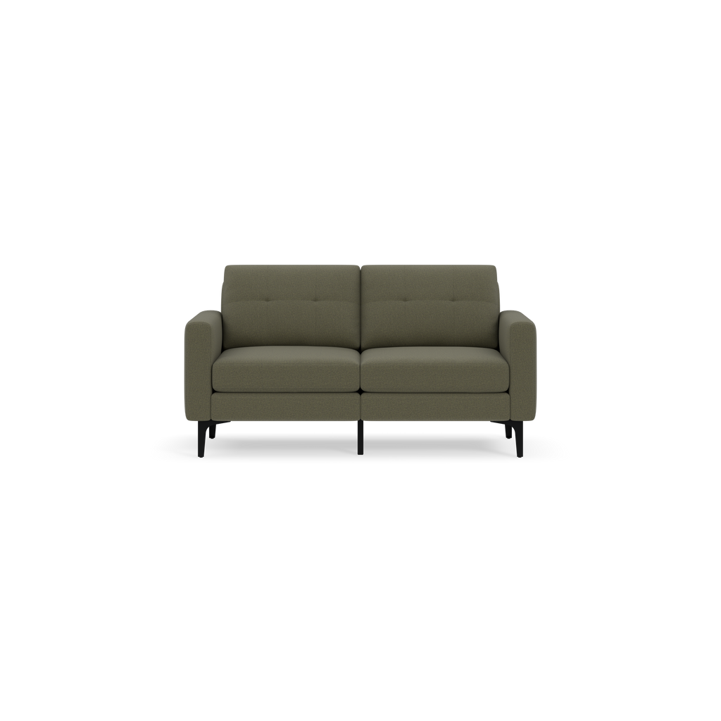 Modern Moss green two-seater sofa with tufted back cushions, square armrests, and black angled legs on black background.