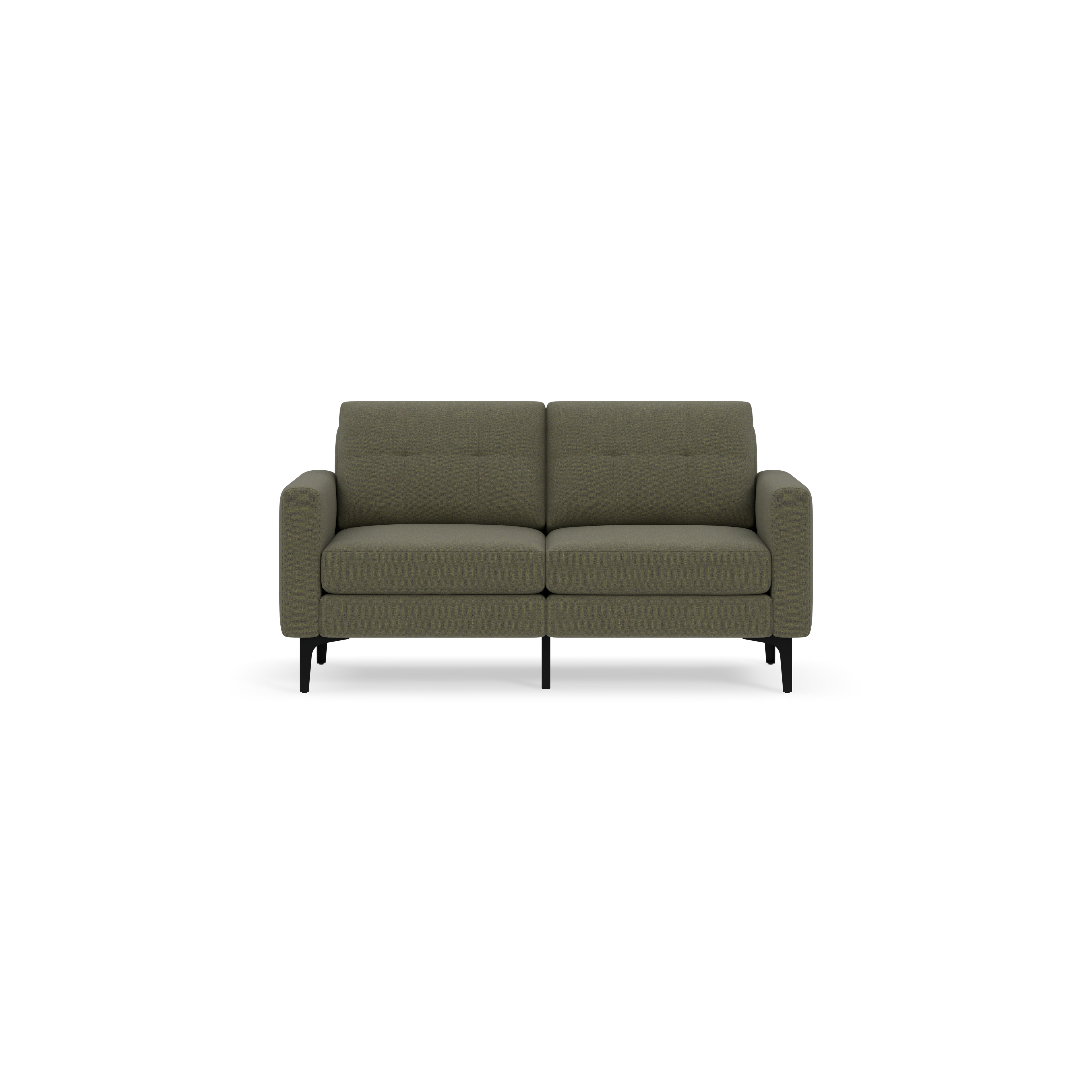 Modern Moss green two-seater sofa with tufted back cushions, square armrests, and black angled legs on black background.
