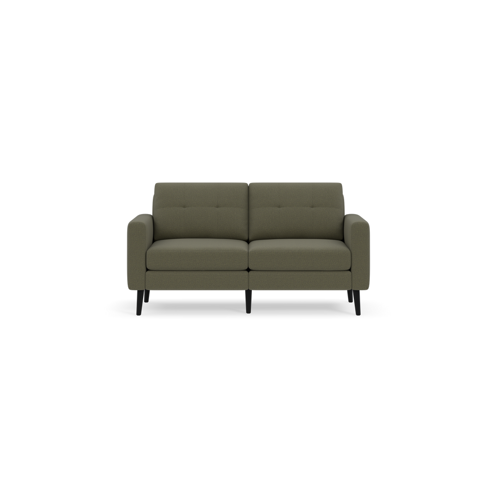 Modern Moss green two-seater sofa with tufted back cushions and slim black legs on black background.