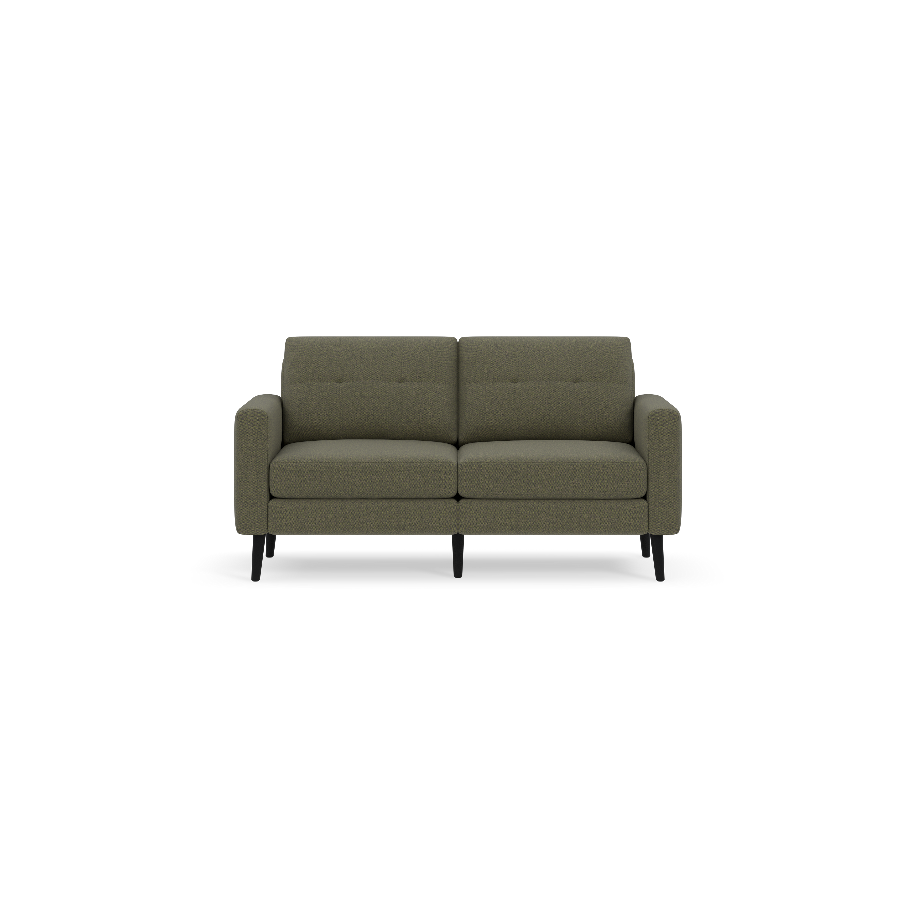 Modern Moss green two-seater sofa with tufted back cushions and slim black legs on black background.