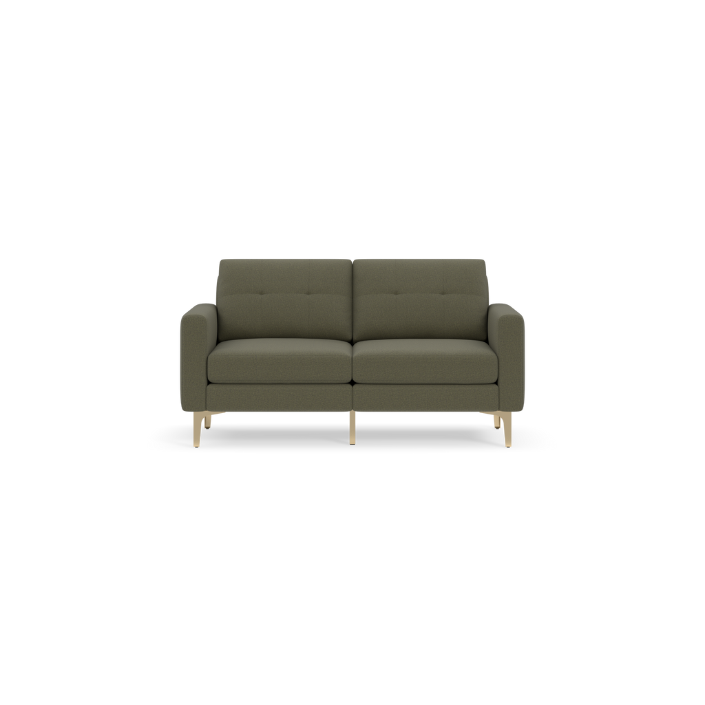 Modern Moss green two-seater sofa with cushioned armrests, tufted backrests, and sleek light wooden legs on a black background.