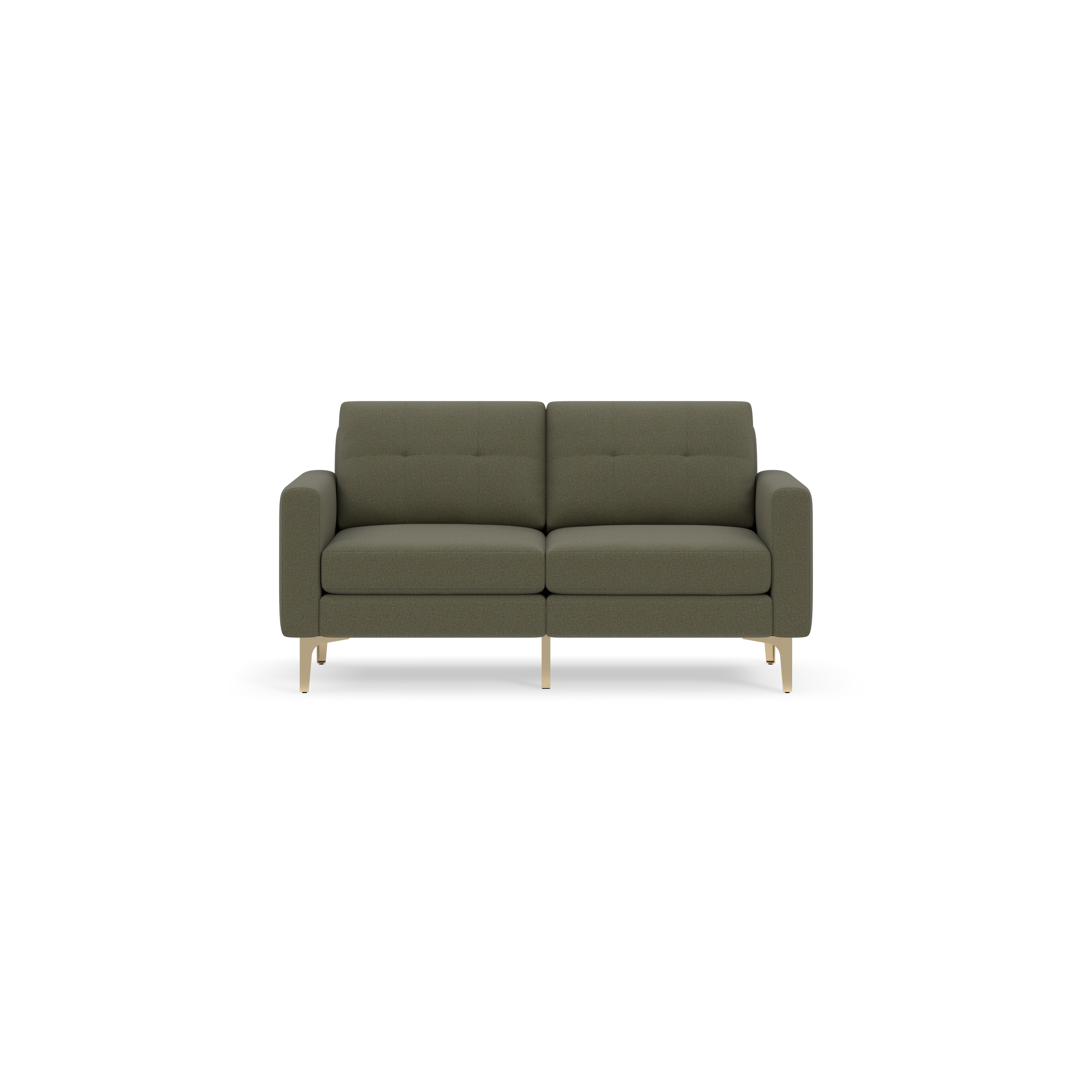 Modern Moss green two-seater sofa with cushioned armrests, tufted backrests, and sleek light wooden legs on a black background.
