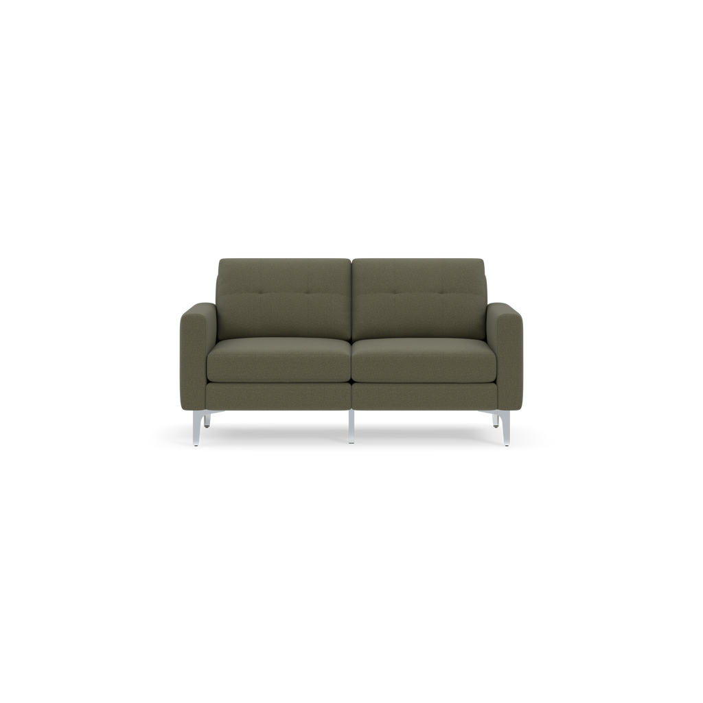 Modern Moss green two-seater sofa with clean lines, tufted back cushions, squared armrests, and metallic legs on a black background.