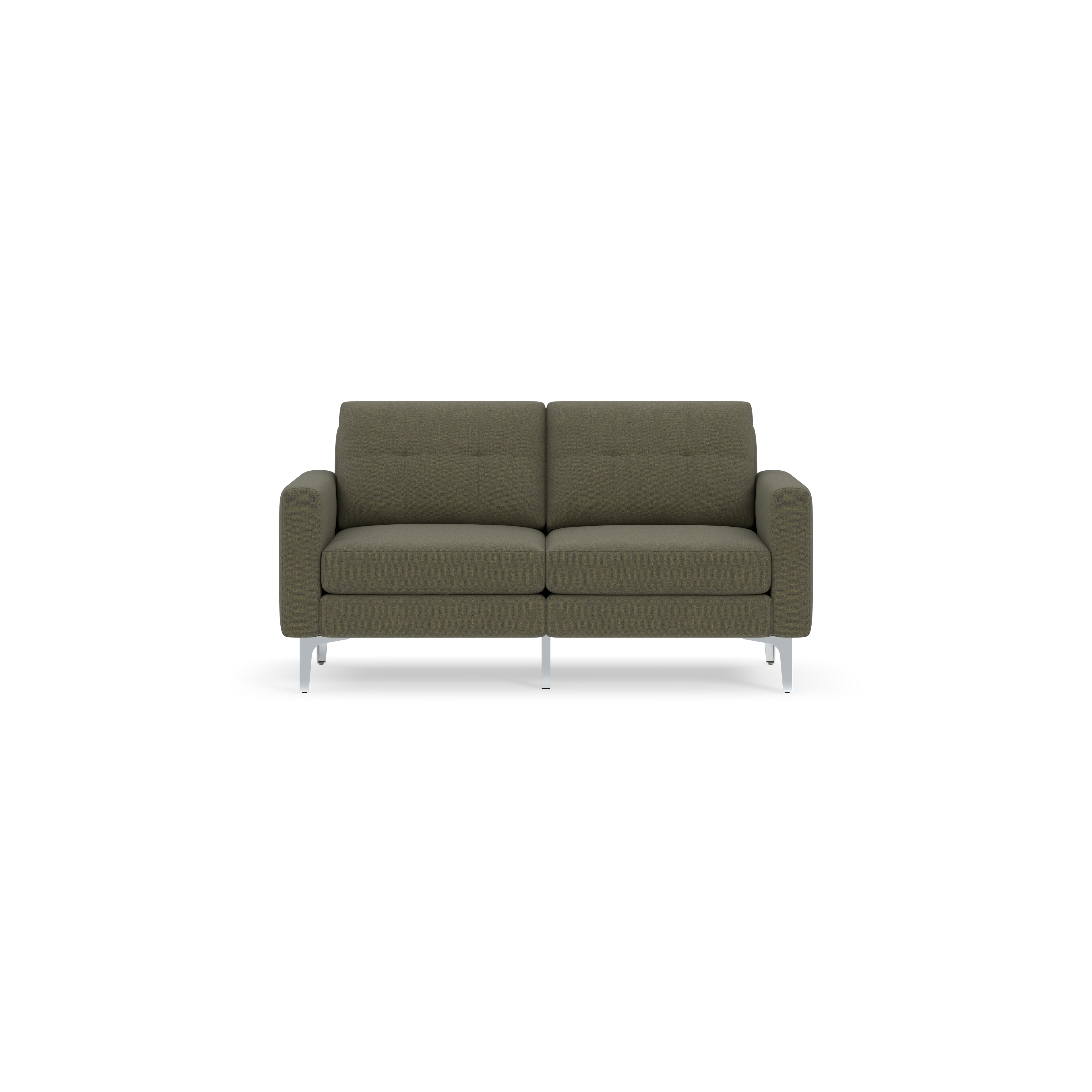 Modern Moss green two-seater sofa with clean lines, tufted back cushions, squared armrests, and metallic legs on a black background.