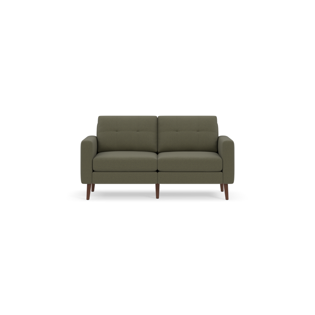 Mid-century style Moss green two-seater sofa with tufted back cushions and wooden legs on black background.