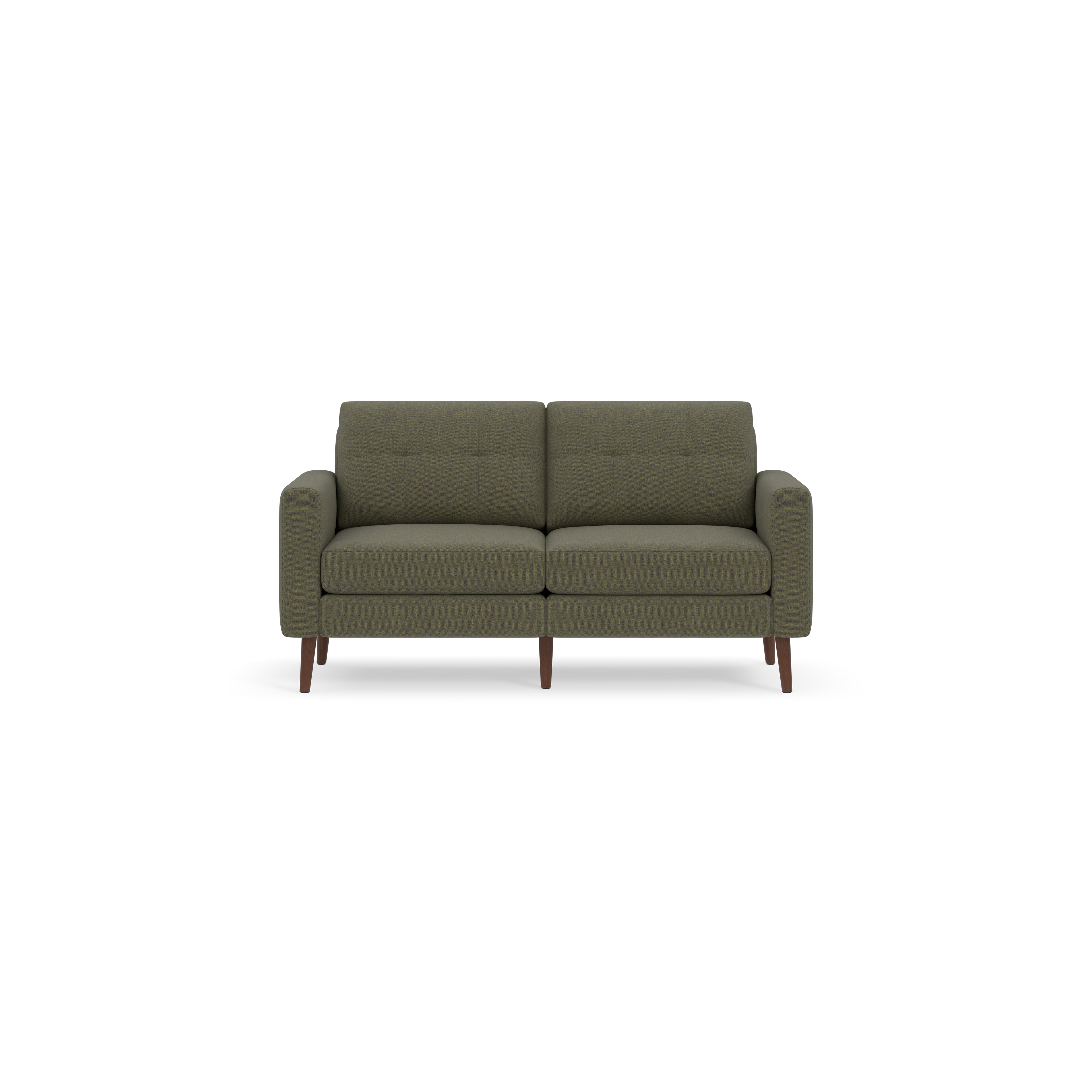 Mid-century style Moss green two-seater sofa with tufted back cushions and wooden legs on black background.