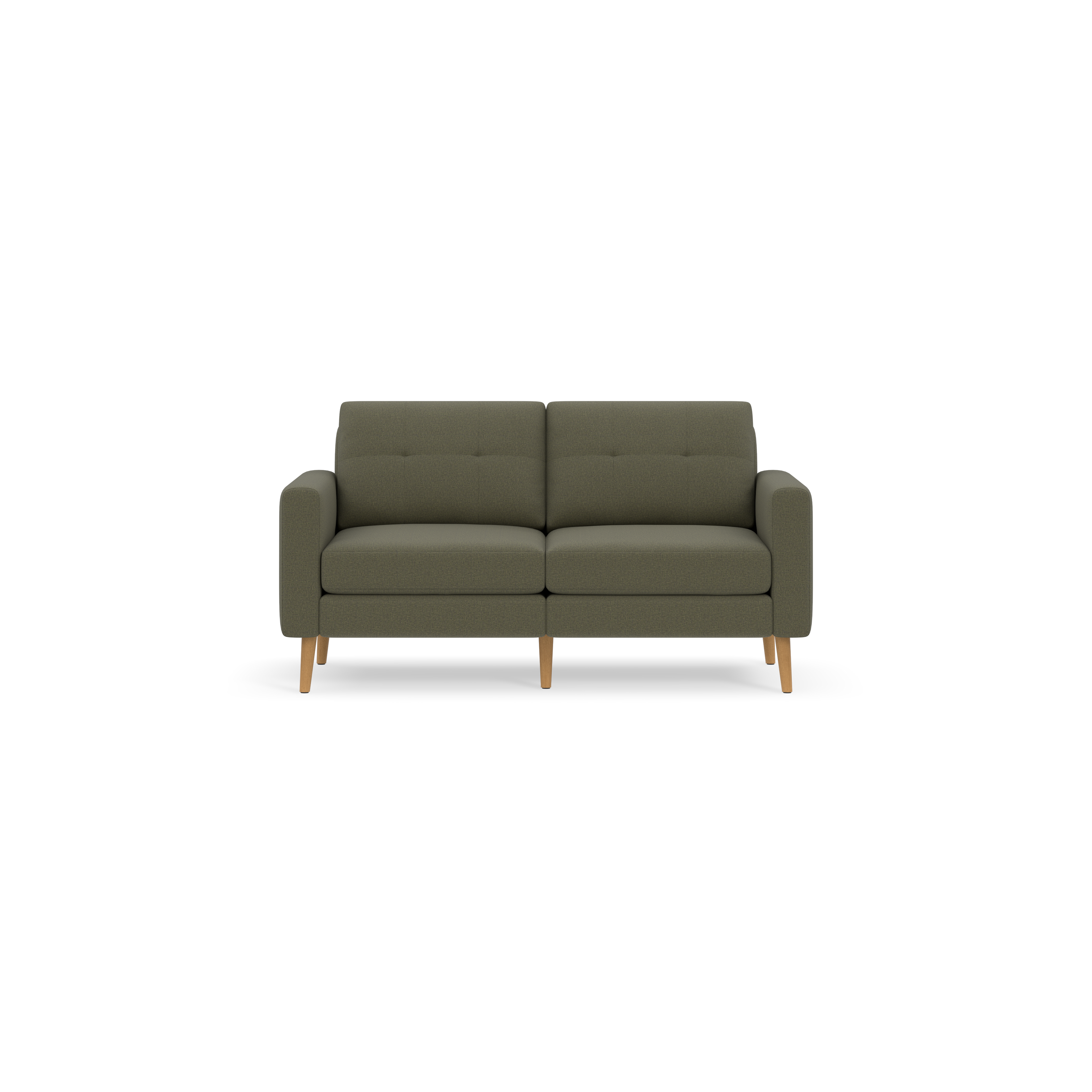 Modern Moss green two-seater sofa with tufted back cushions and light wooden legs, shown on a black background.