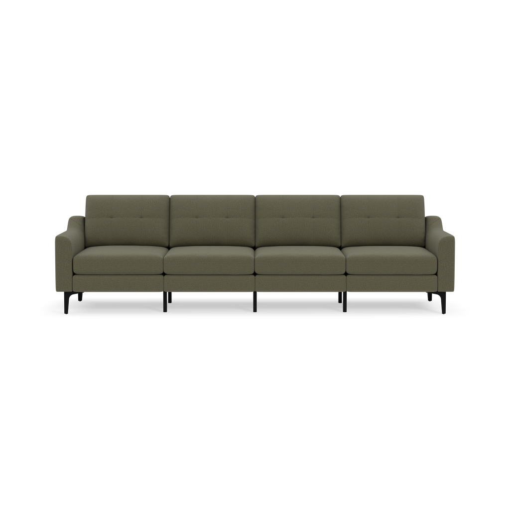 Four-seater Moss green fabric sofa with tufted back cushions and slim black legs, modern and minimalist design.