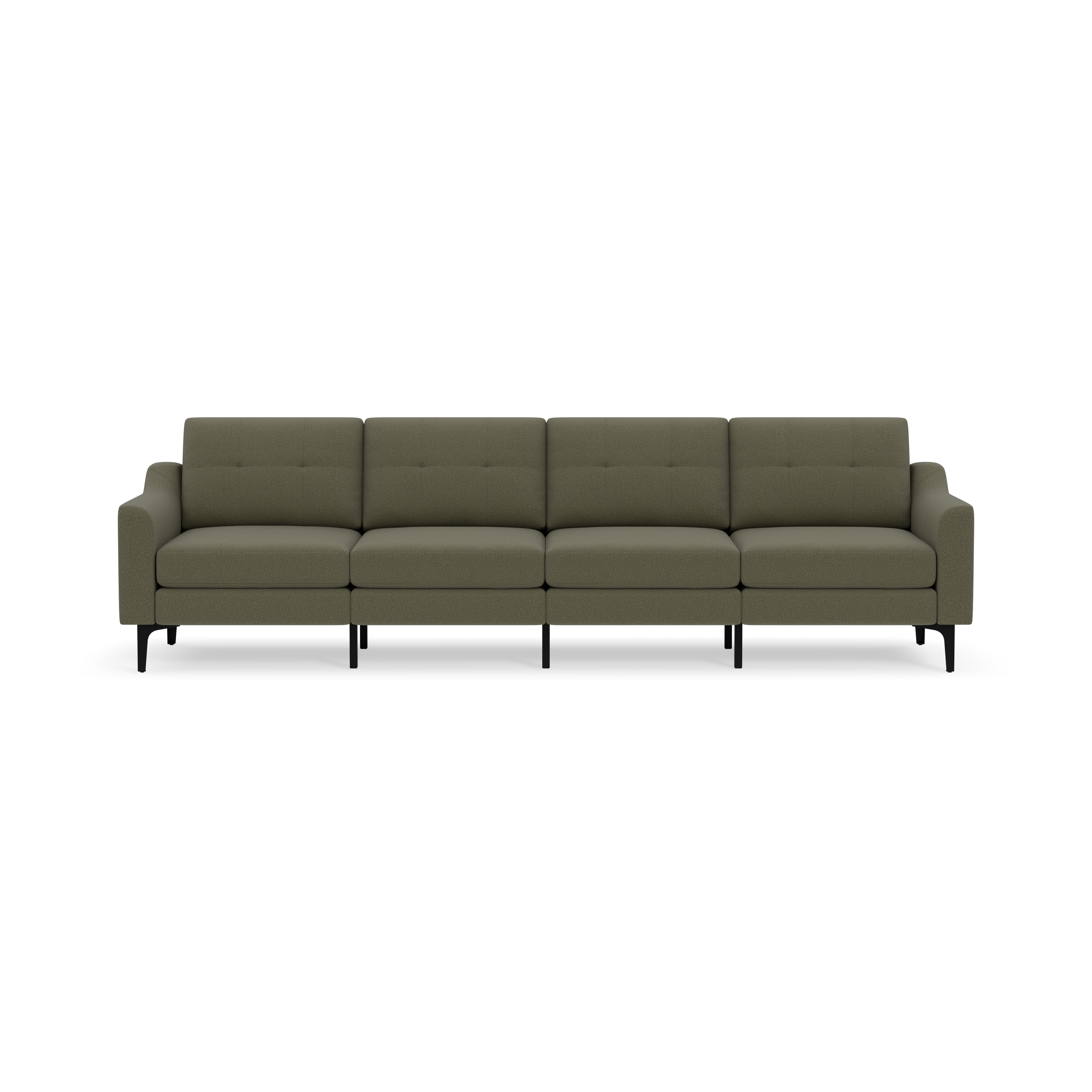 Four-seater Moss green fabric sofa with tufted back cushions and slim black legs, modern and minimalist design.