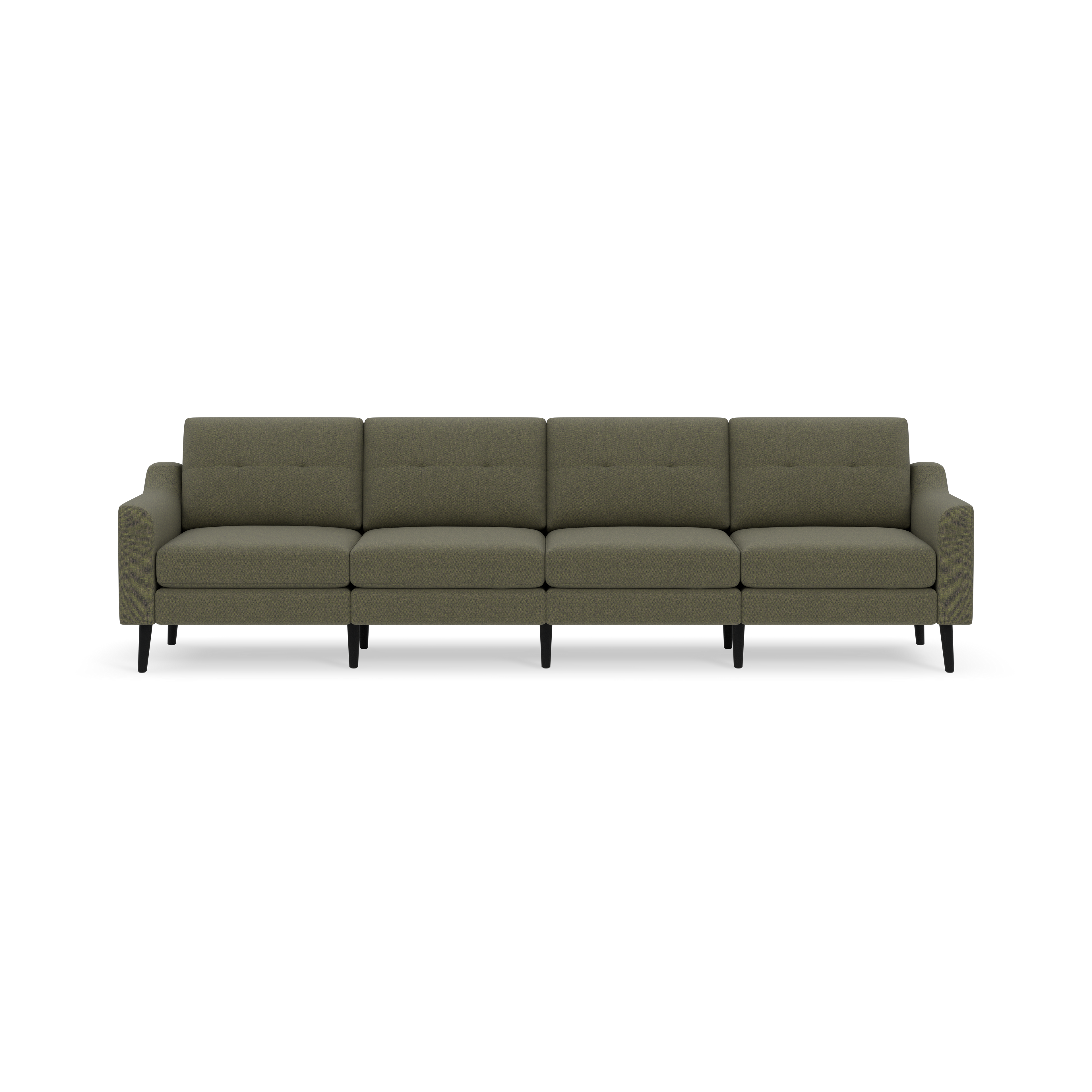 Four-seater sofa in muted Moss green upholstery with tufted back cushions and slim black wooden legs on black background.