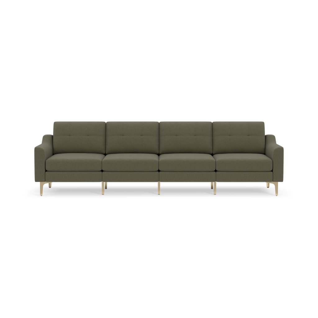 Modern Moss green fabric sofa with four cushioned seats and gold metal legs on a black background.