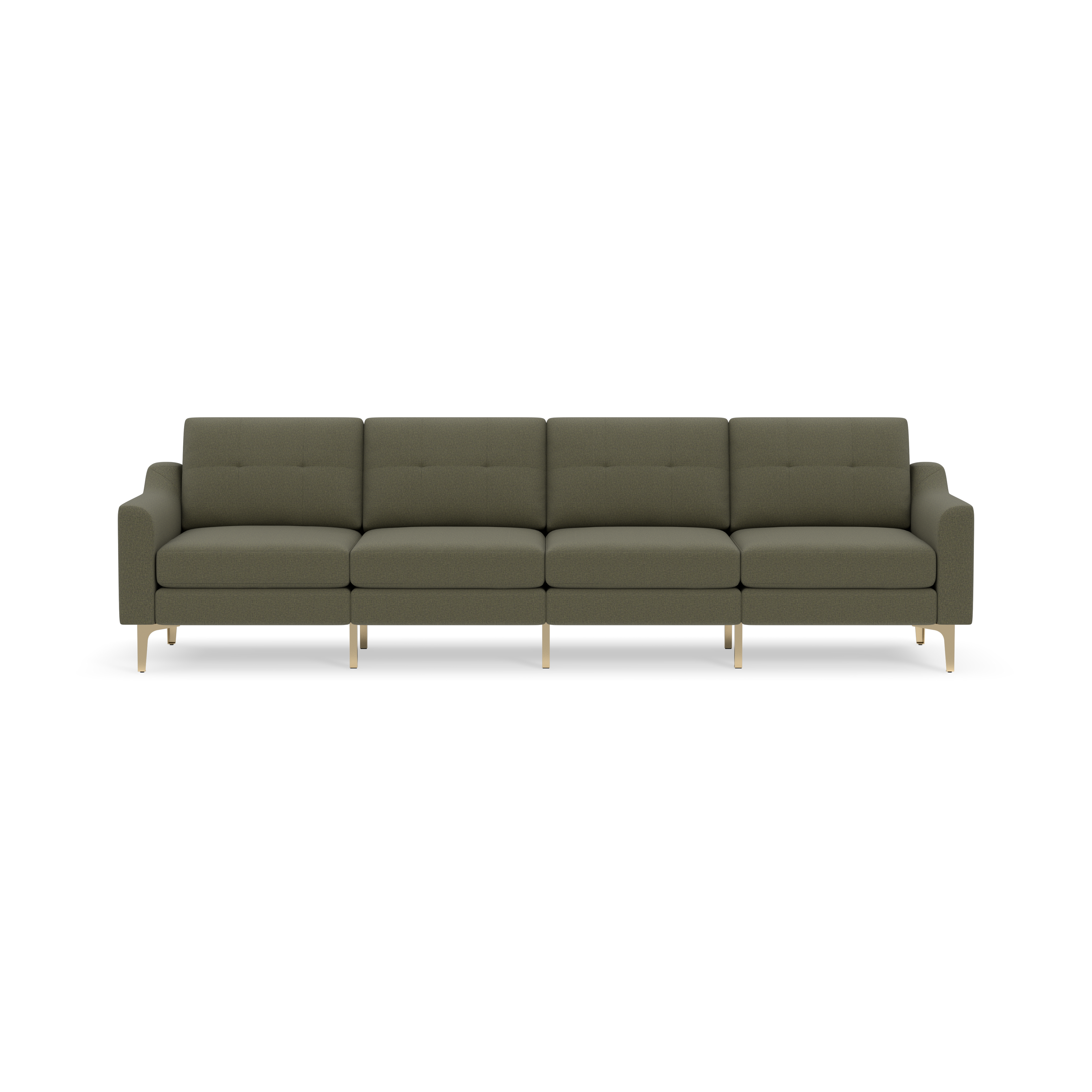 Modern Moss green fabric sofa with four cushioned seats and gold metal legs on a black background.