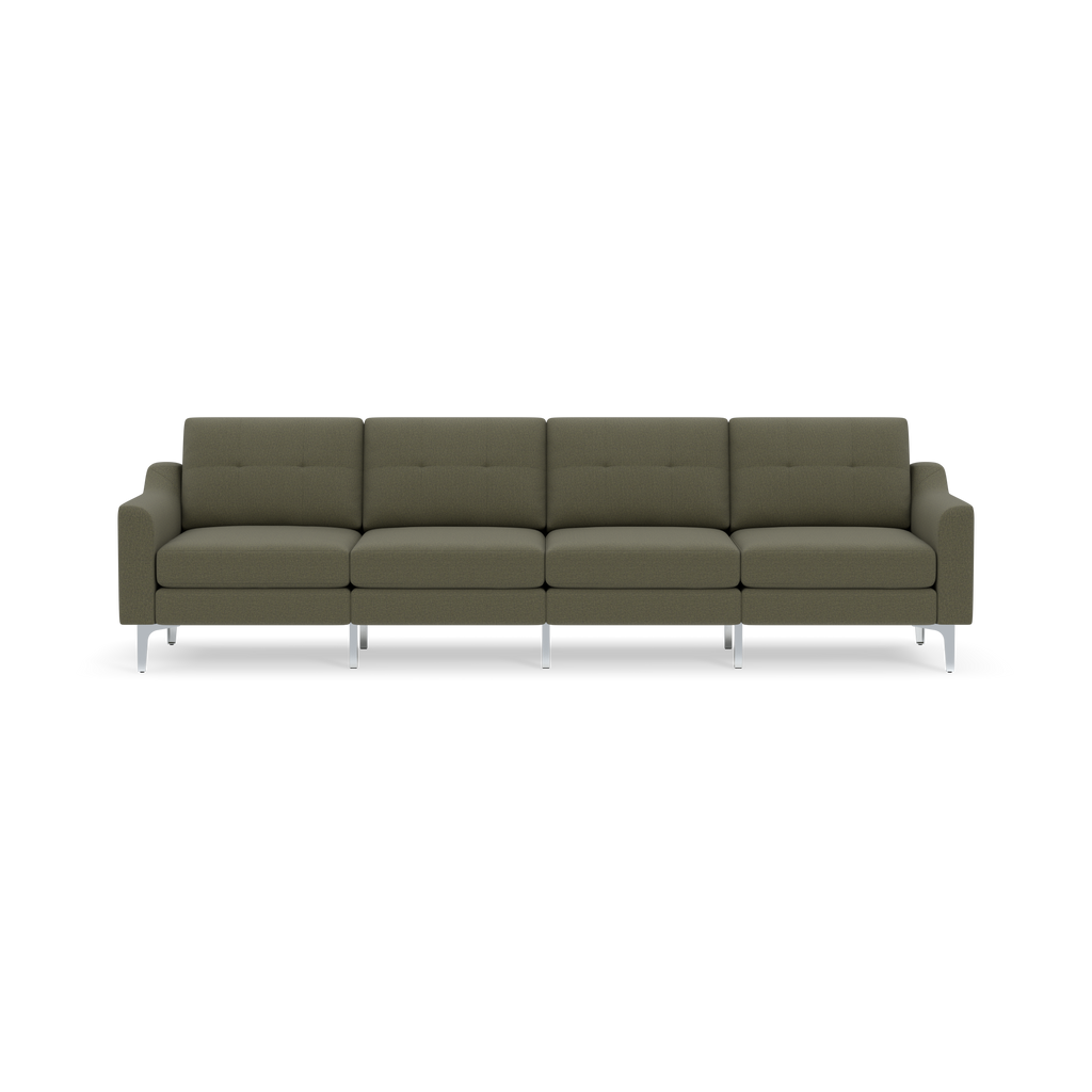 Modern four-seater sofa with Moss green fabric upholstery, tufted back cushions, rounded arms, and metal legs on a black background.