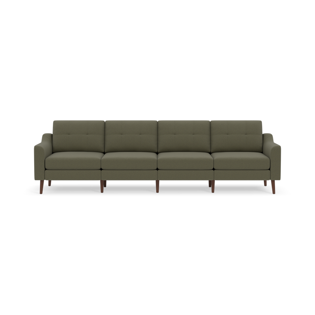 Modern four-seater sofa with Moss green fabric upholstery and wooden legs, featuring slightly curved armrests and cushioned backrests.