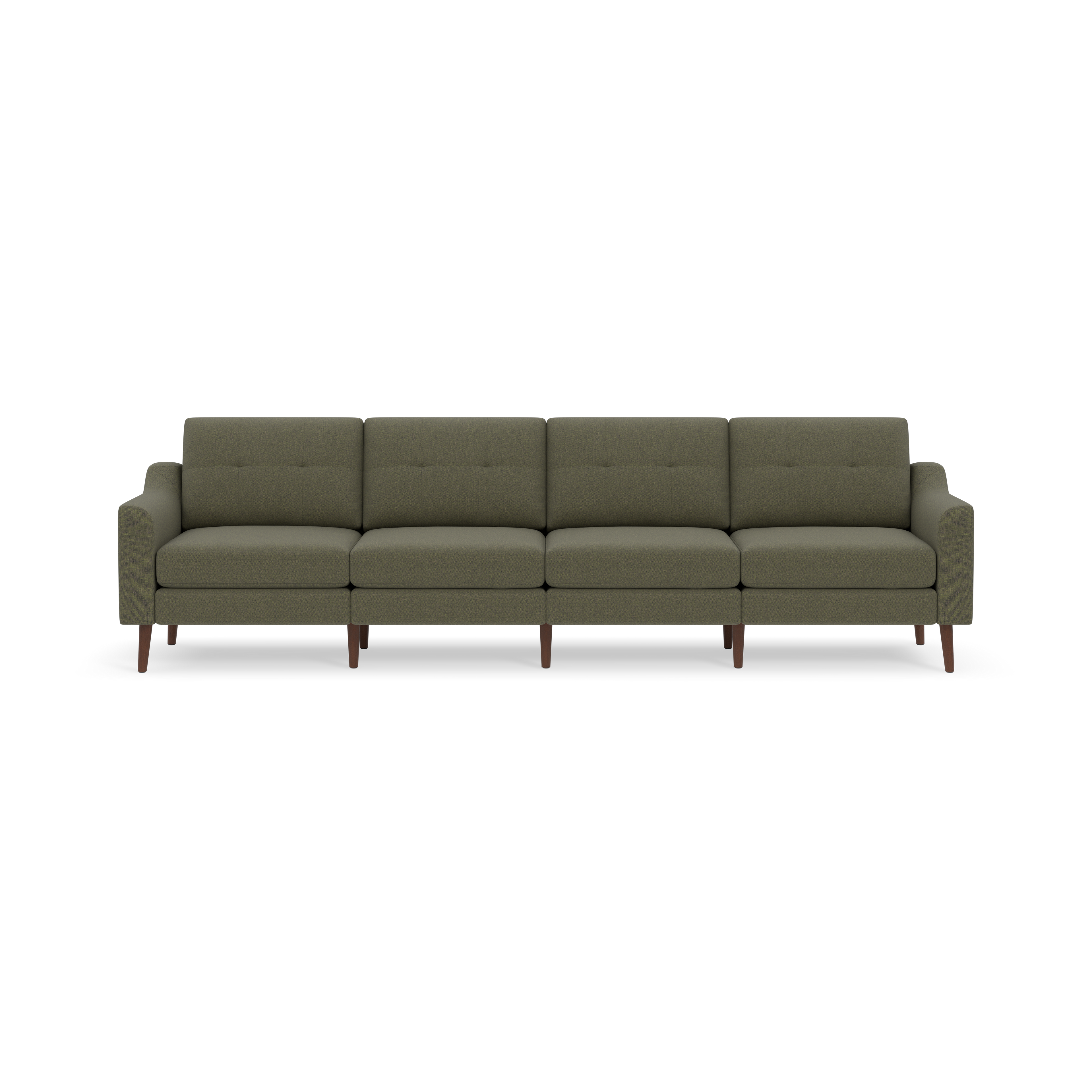 Modern four-seater sofa with Moss green fabric upholstery and wooden legs, featuring slightly curved armrests and cushioned backrests.