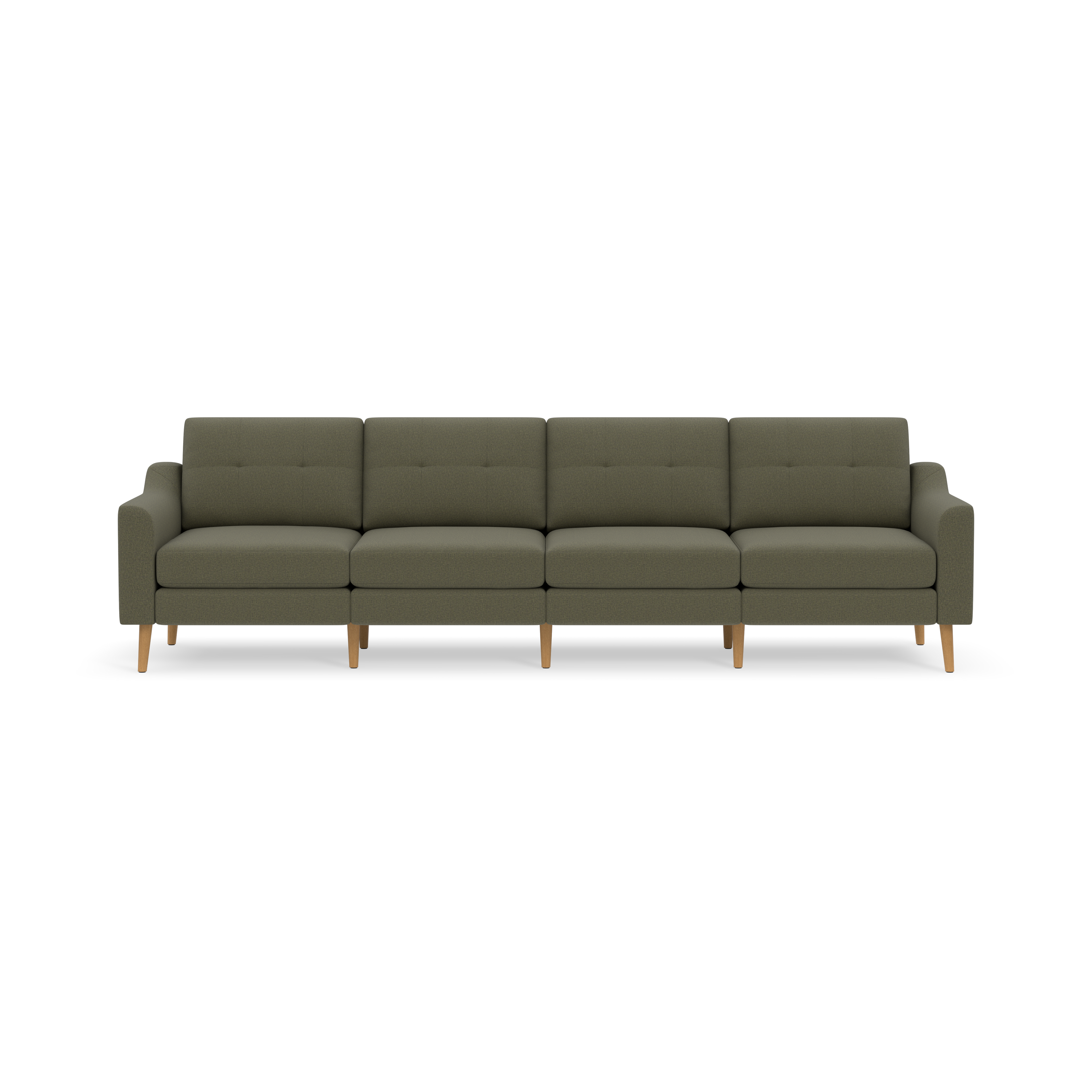 Modern four-seater sofa in muted green upholstery with wooden legs and simple tufted backrest cushions on a black background.