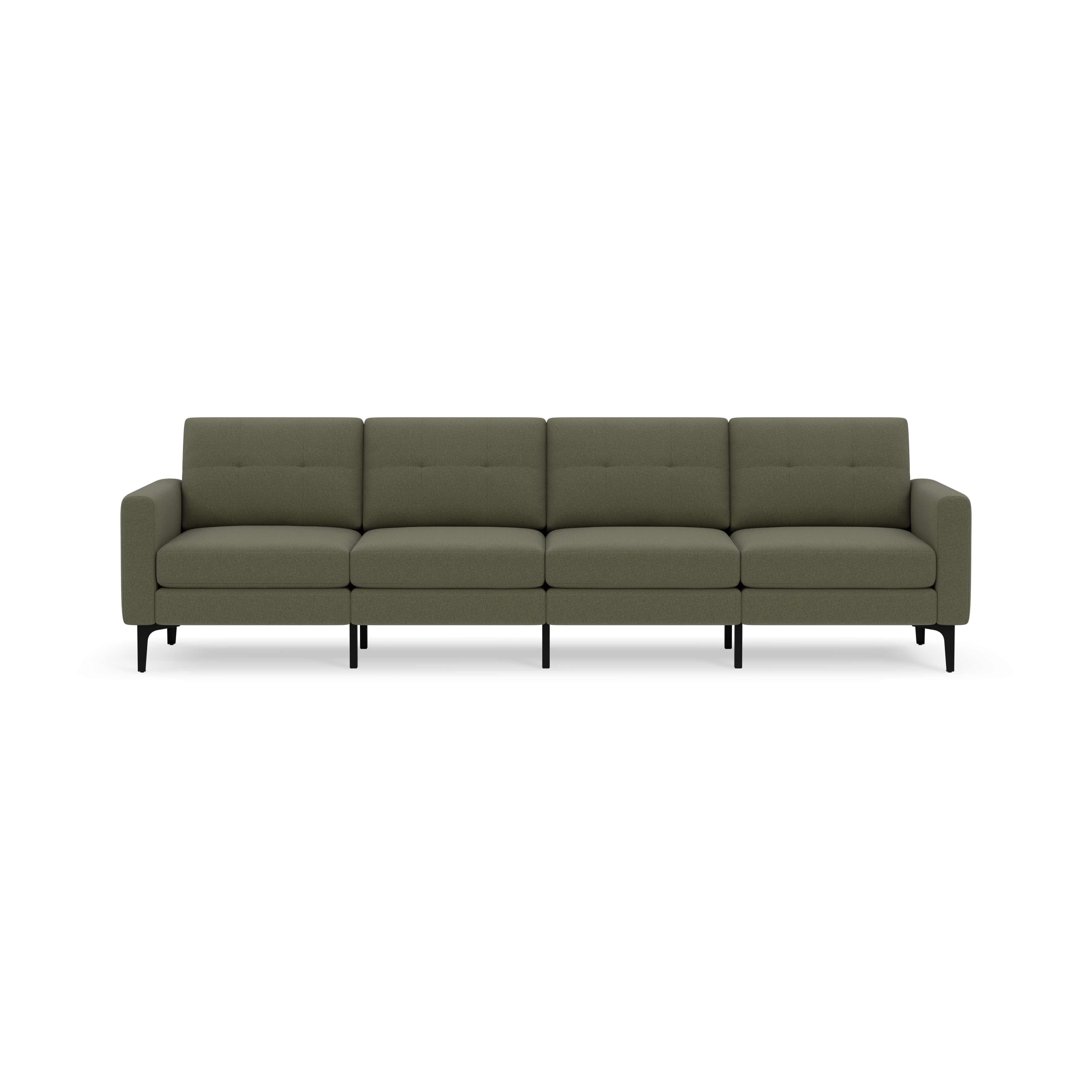 Modern Moss green four-seater sofa with tufted back cushions, padded armrests, and slim black legs against a black background.
