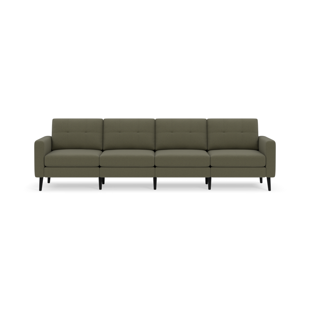 Modern four-seater sofa with Moss green upholstery, tufted back cushions, and slim dark wooden legs against a black background.