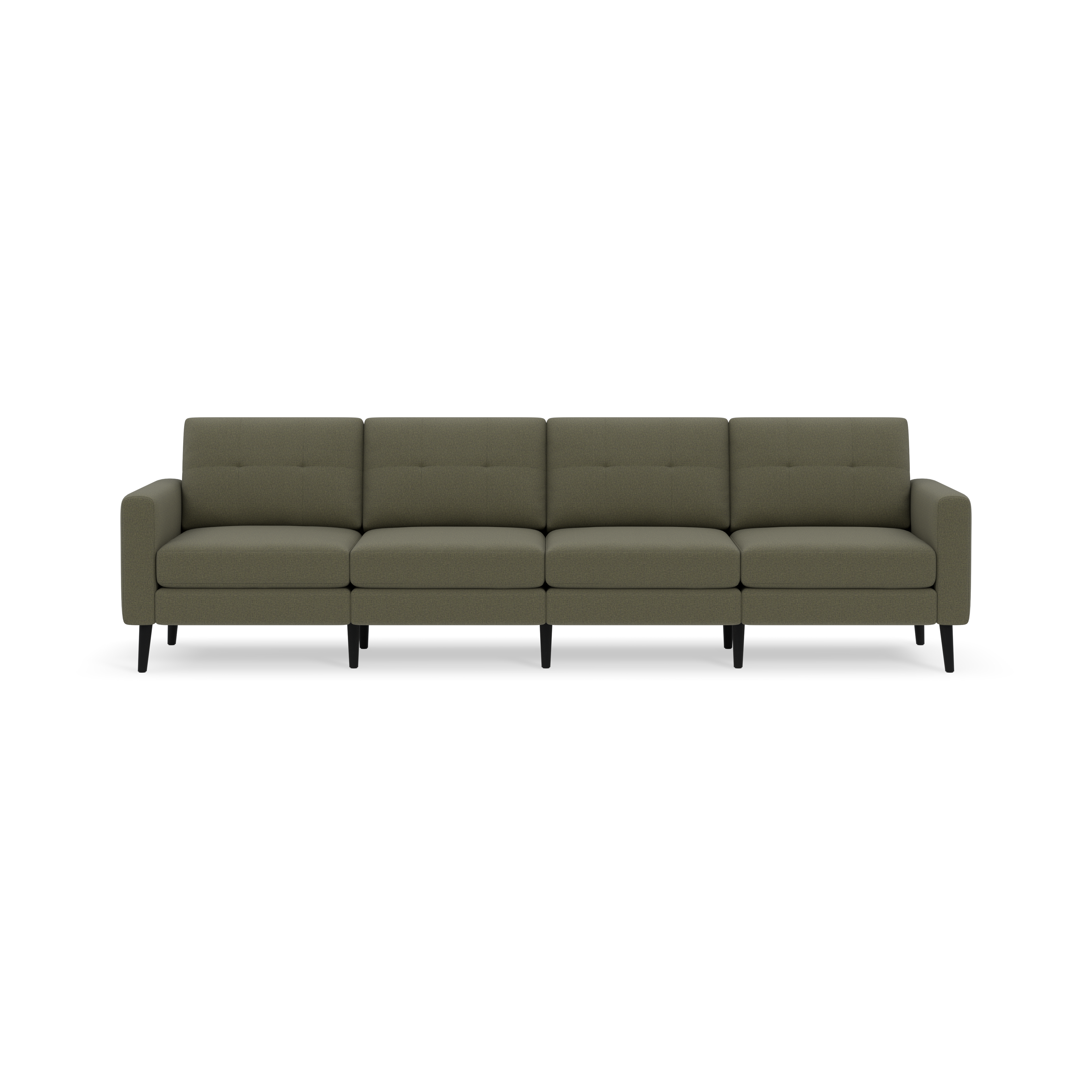Modern four-seater sofa with Moss green upholstery, tufted back cushions, and slim dark wooden legs against a black background.