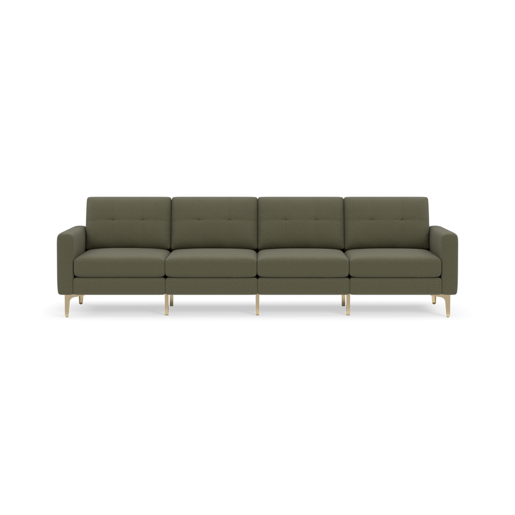 Modern Moss green four-seat sofa with tufted cushions, squared armrests, and light wooden legs, set against a black background.