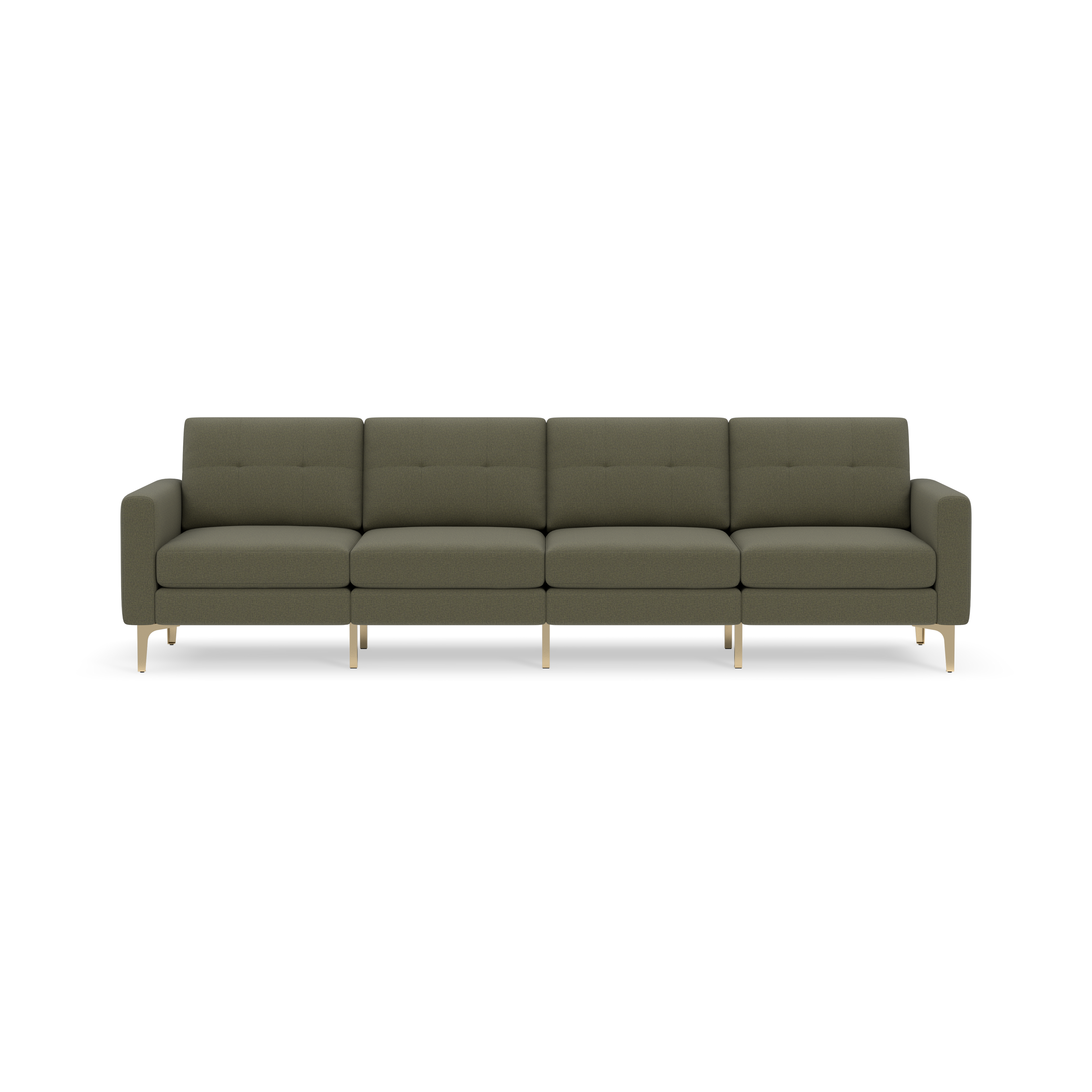 Modern Moss green four-seat sofa with tufted cushions, squared armrests, and light wooden legs, set against a black background.