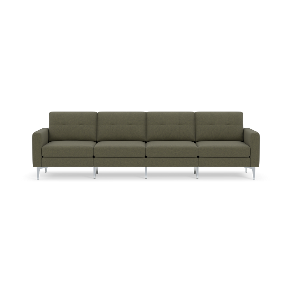Moss green modern 4-seater sofa with square armrests, tufted back cushions, and silver metal legs on black background.