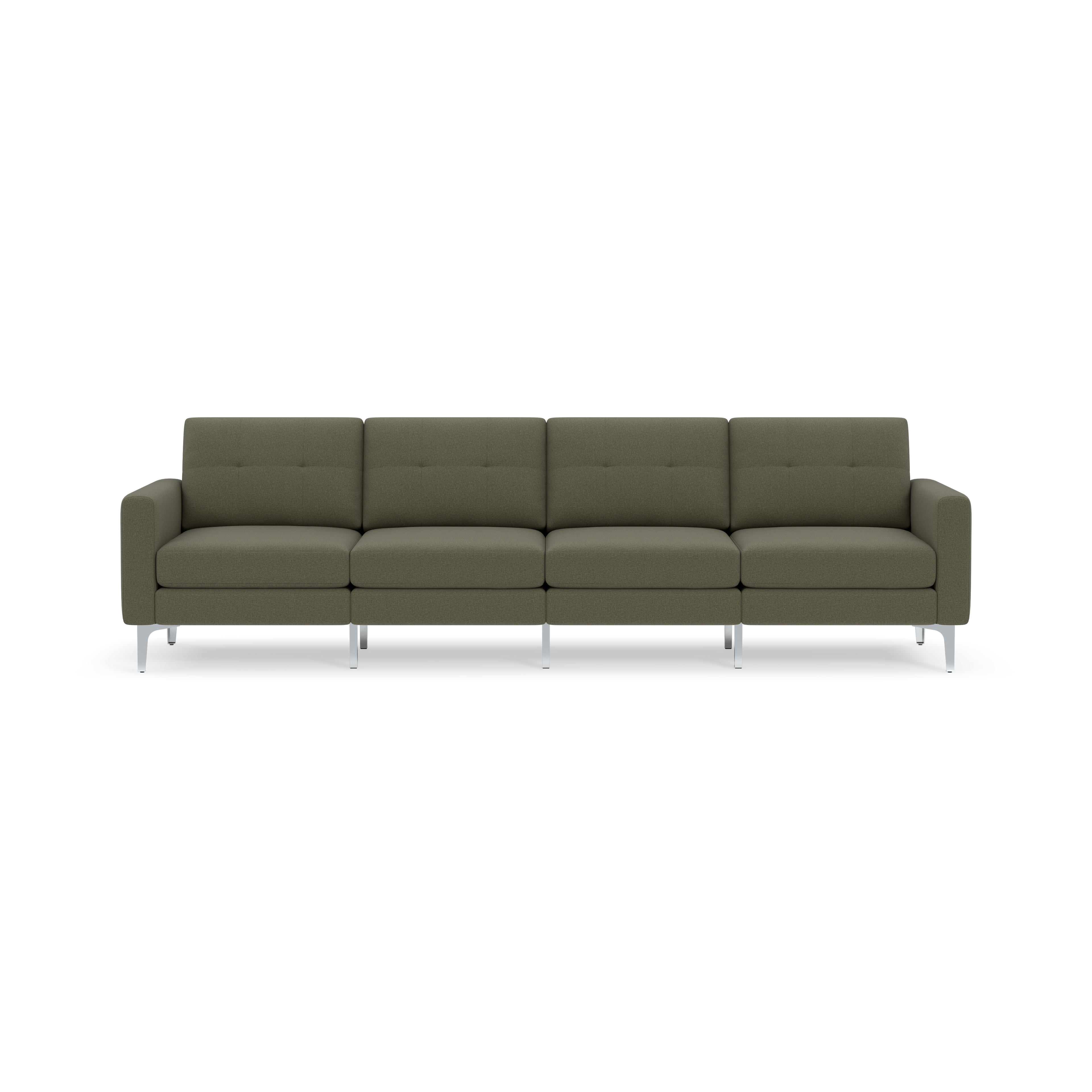Moss green modern 4-seater sofa with square armrests, tufted back cushions, and silver metal legs on black background.
