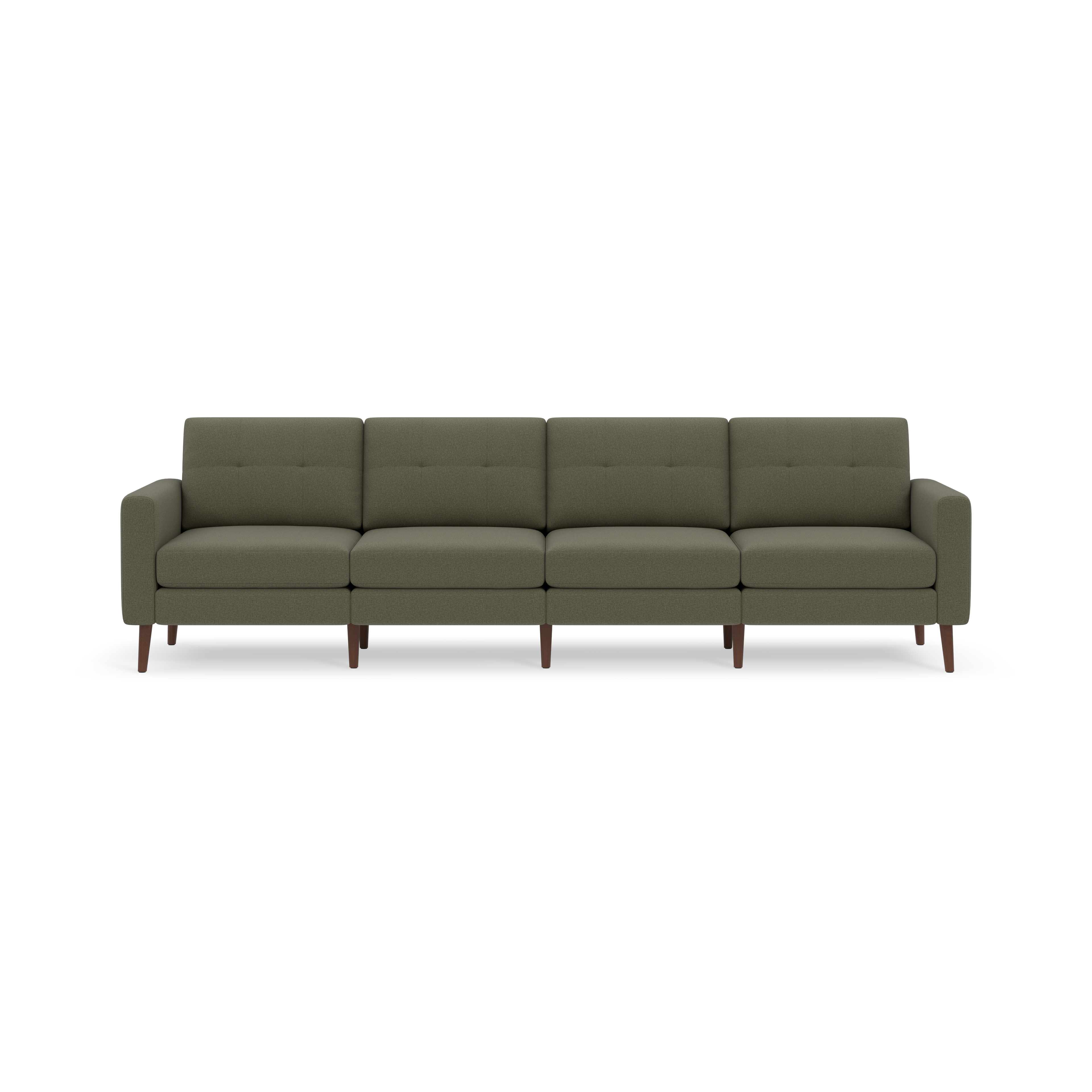 Four-seater modern Moss green fabric sofa with button-tufted back cushions and wooden tapered legs against black background.