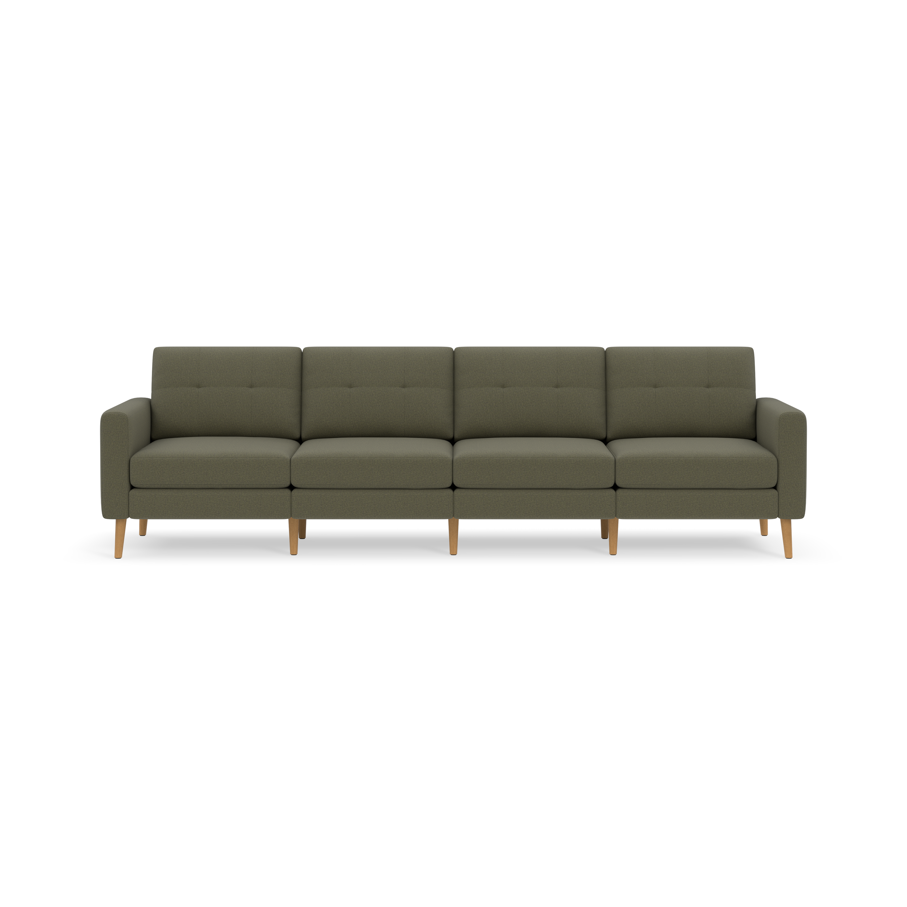 Modern Moss green four-seat sofa with tufted back cushions and light wooden legs, set against a black background.
