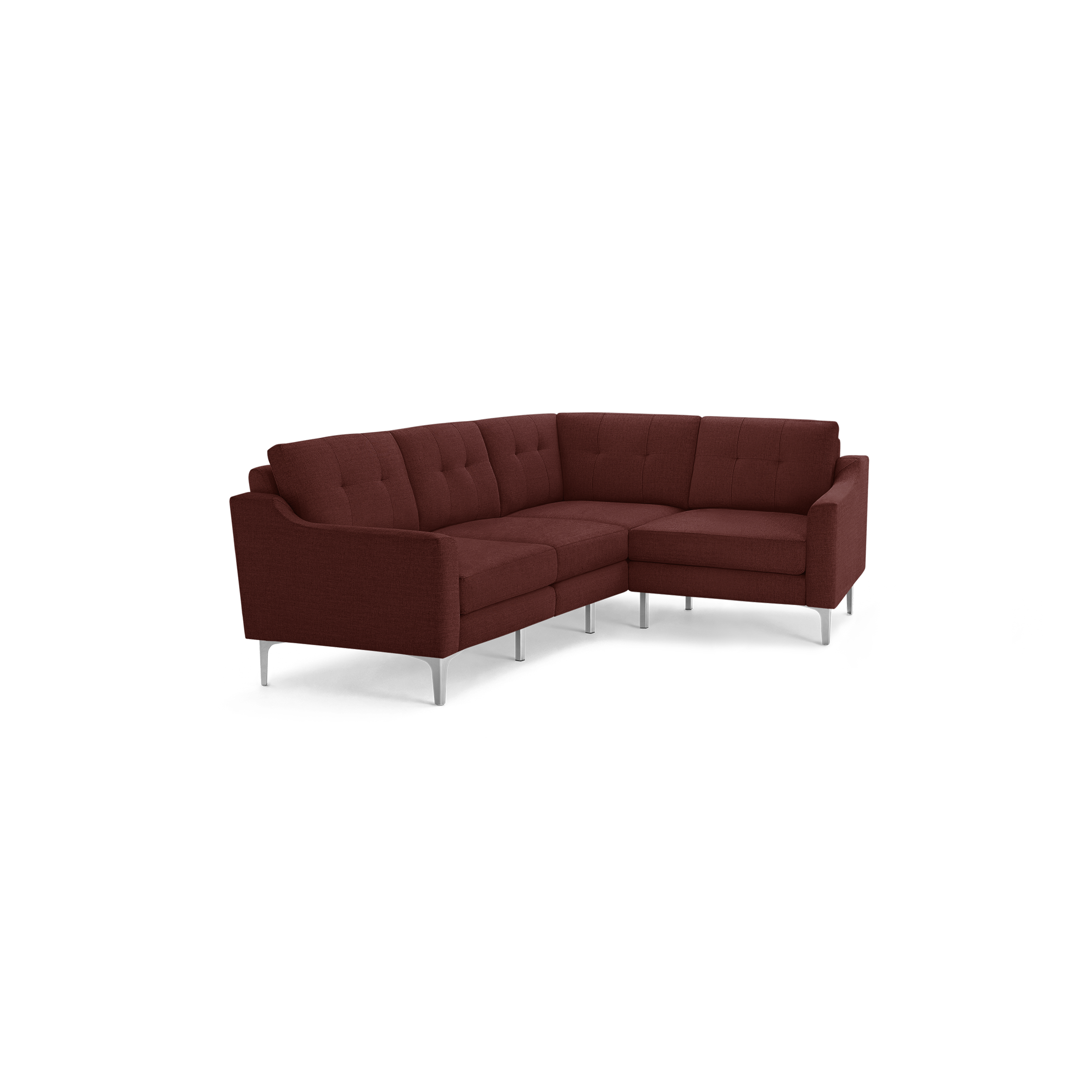 Modern L-shaped sectional sofa upholstered in deep red fabric with tufted back cushions and sleek metal legs.