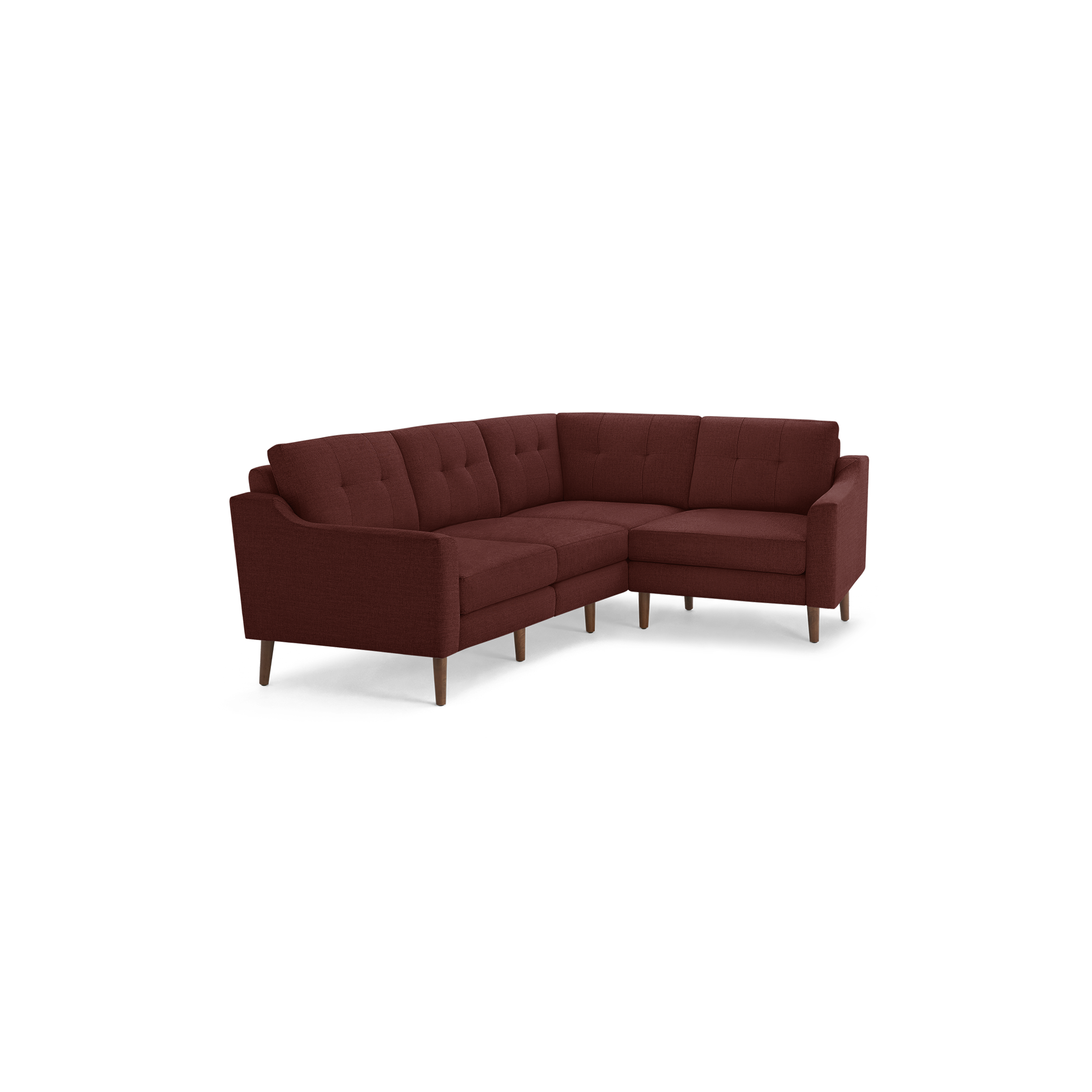 Modern L-shaped sectional sofa in deep red fabric, featuring tufted back cushions and wooden tapered legs.