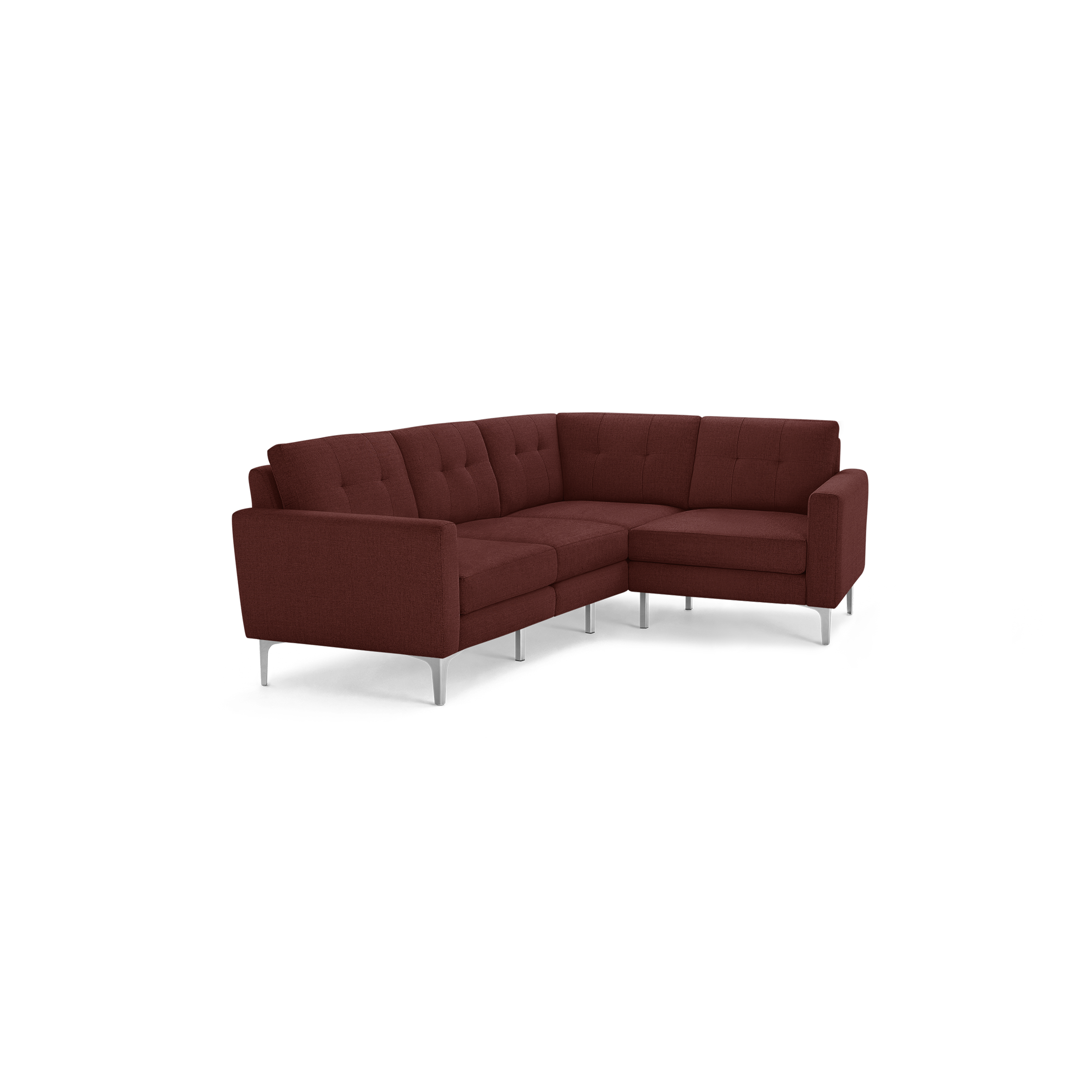 Modern L-shaped sectional sofa in deep burgundy fabric with tufted cushions and slim silver metal legs, designed for contemporary living spaces.