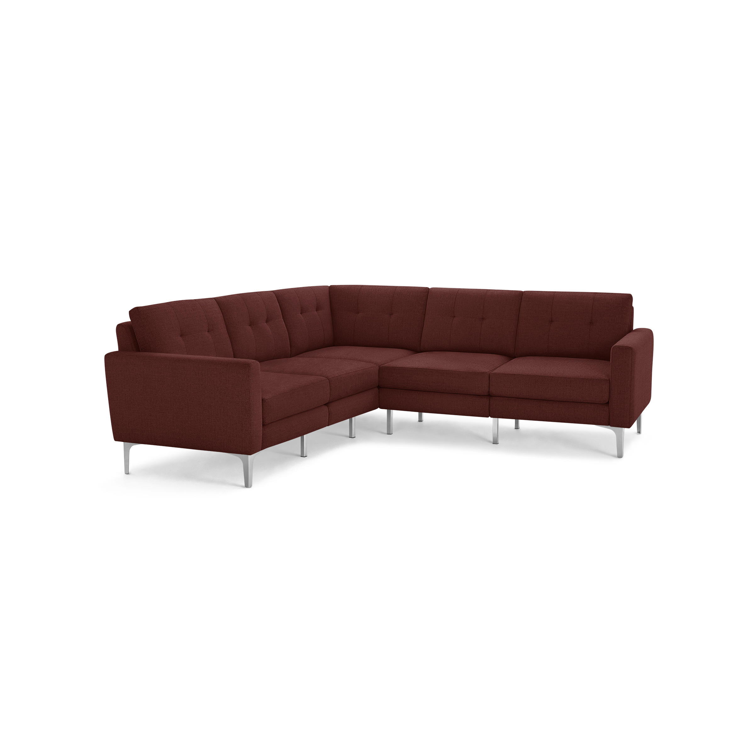 Modern L-shaped sectional sofa with deep red fabric upholstery, button-tufted back cushions, and sleek silver metal legs.
