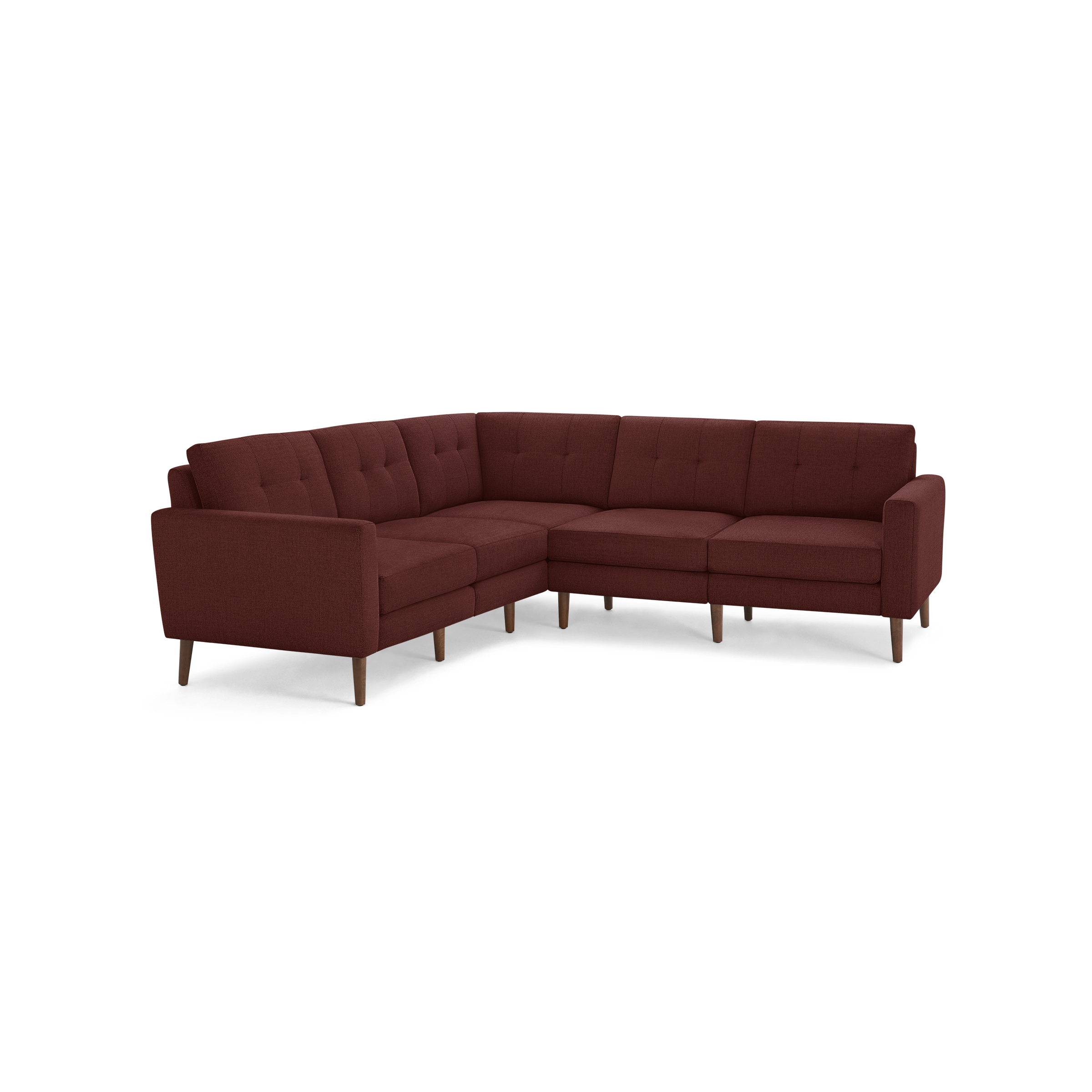 L-shaped sectional sofa in deep red fabric with tufted cushions, straight arms, and wooden legs, offering modern and cozy seating.