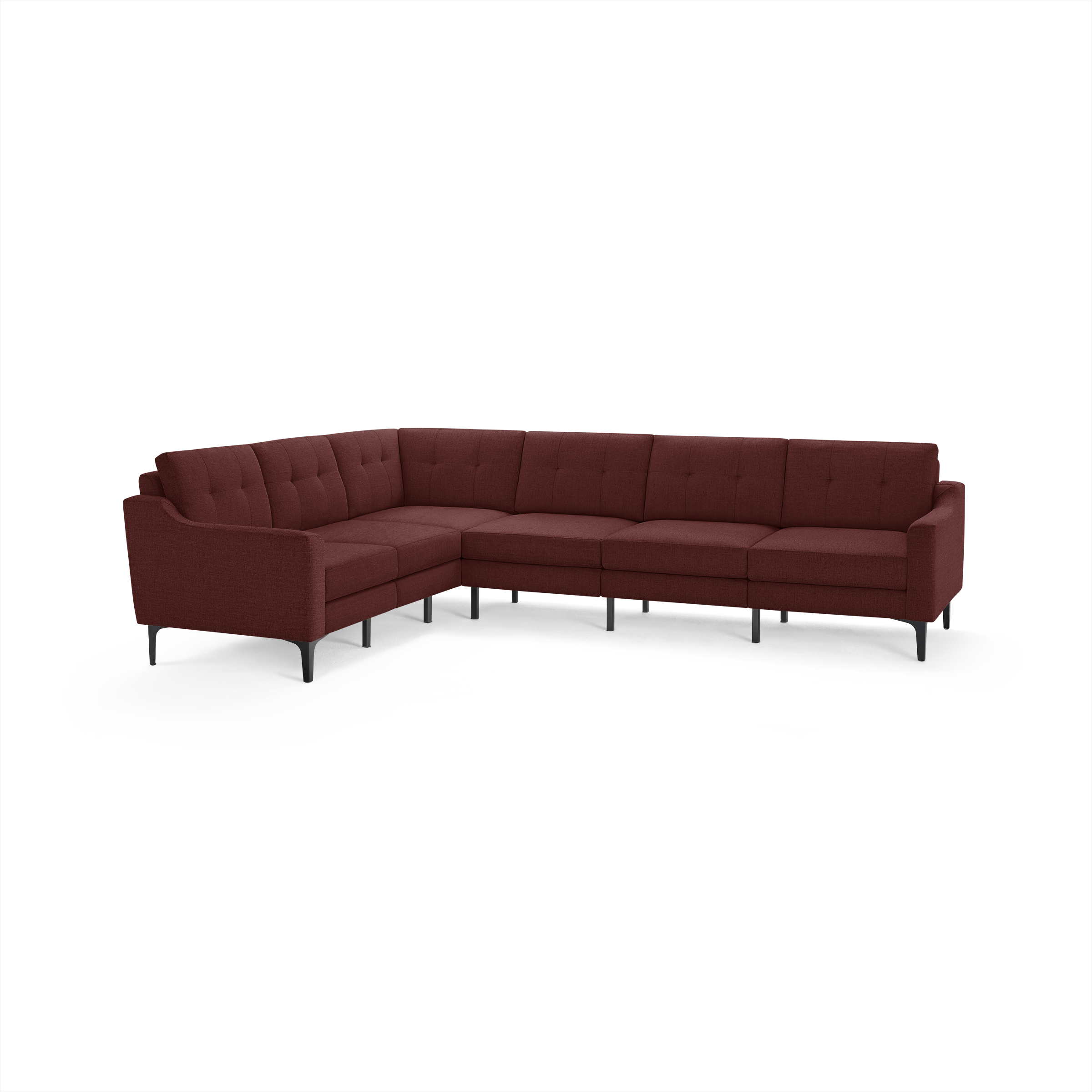 Modern L-shaped sectional sofa upholstered in deep burgundy fabric with tufted back cushions and slim black metal legs.