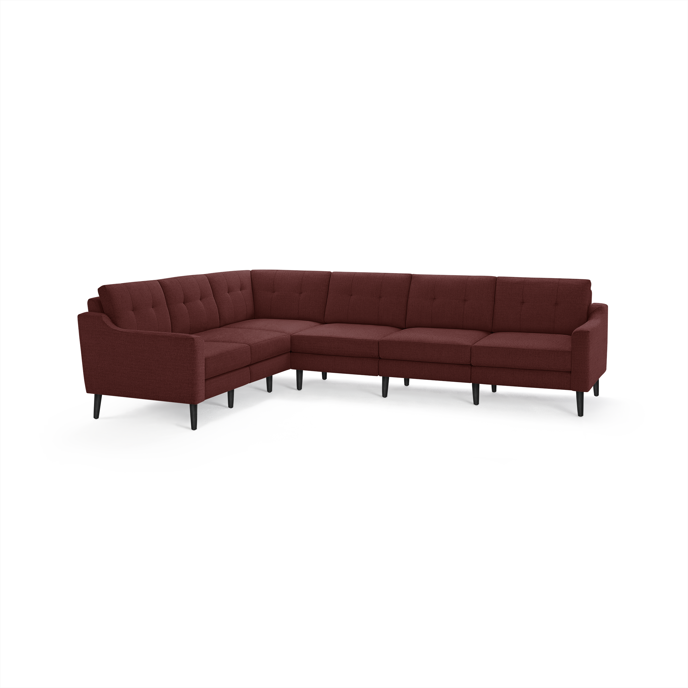 Modern L-shaped sectional sofa in deep red fabric with tufted back cushions, slim arms, and black tapered wooden legs.