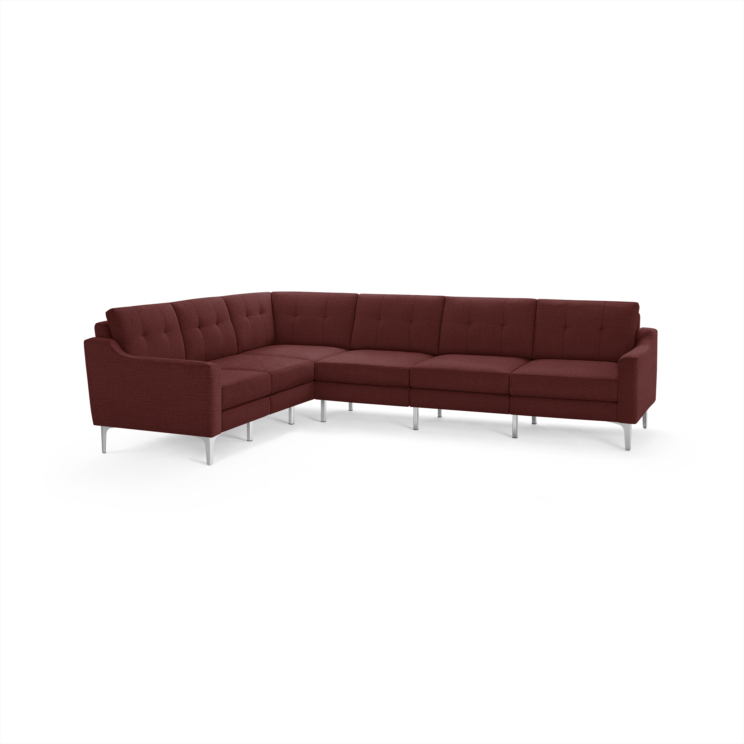 Modern L-shaped sectional sofa in deep burgundy fabric with tufted back cushions and sleek metal legs.
