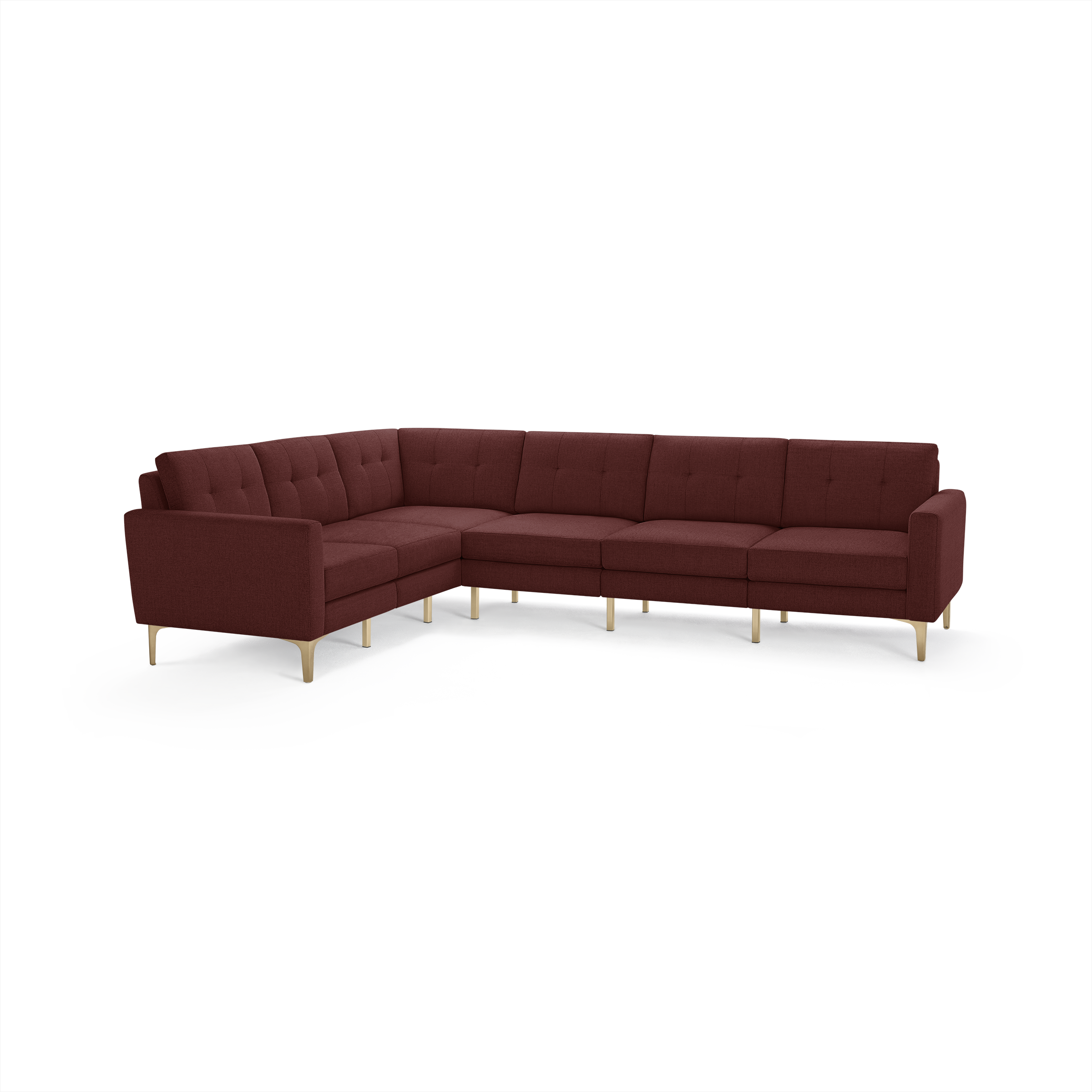 L-shaped modern sectional sofa upholstered in deep red fabric with tufted cushions and light wooden legs.