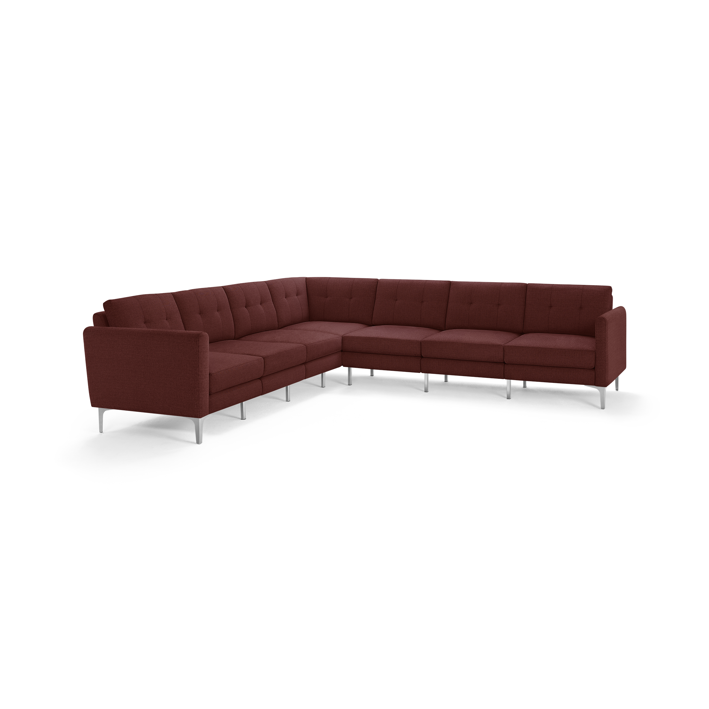 Modern L-shaped sectional sofa upholstered in deep red fabric with tufted back cushions and sleek silver metal legs.