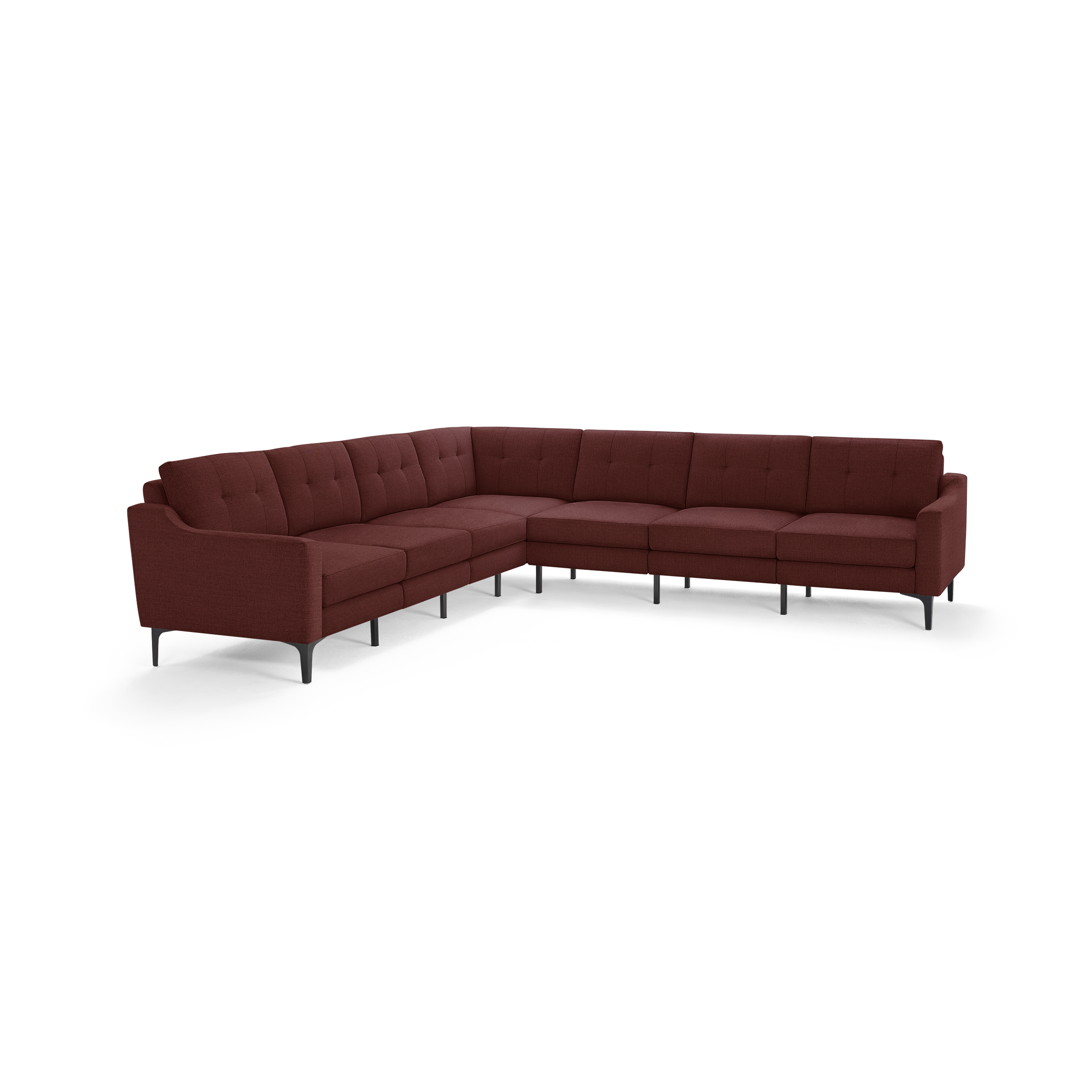 Modern L-shaped sectional sofa in deep red fabric with tufted back cushions and slim black metal legs.