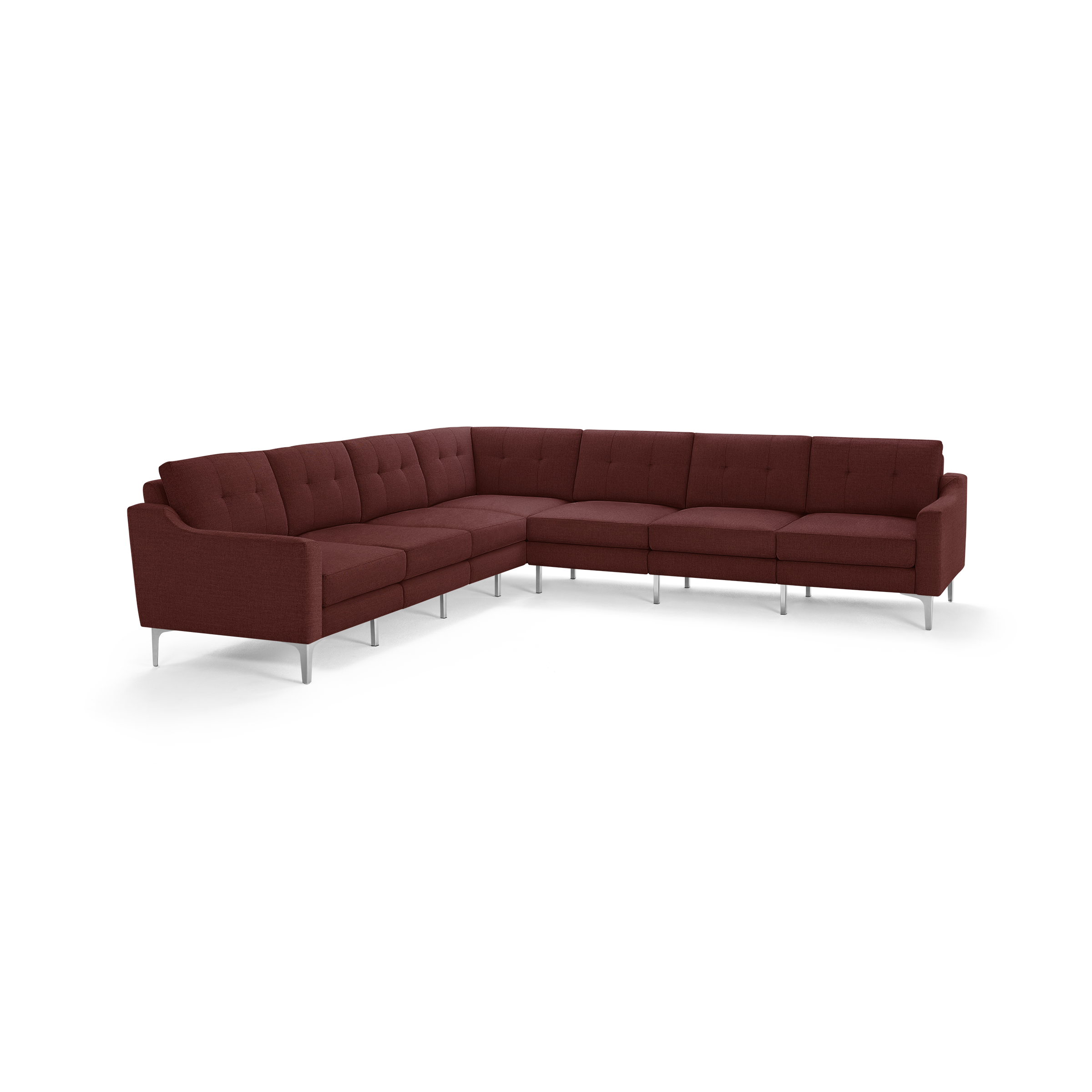 Modern L-shaped sectional sofa in deep red fabric with tufted cushions and sleek metal legs, designed for spacious seating.